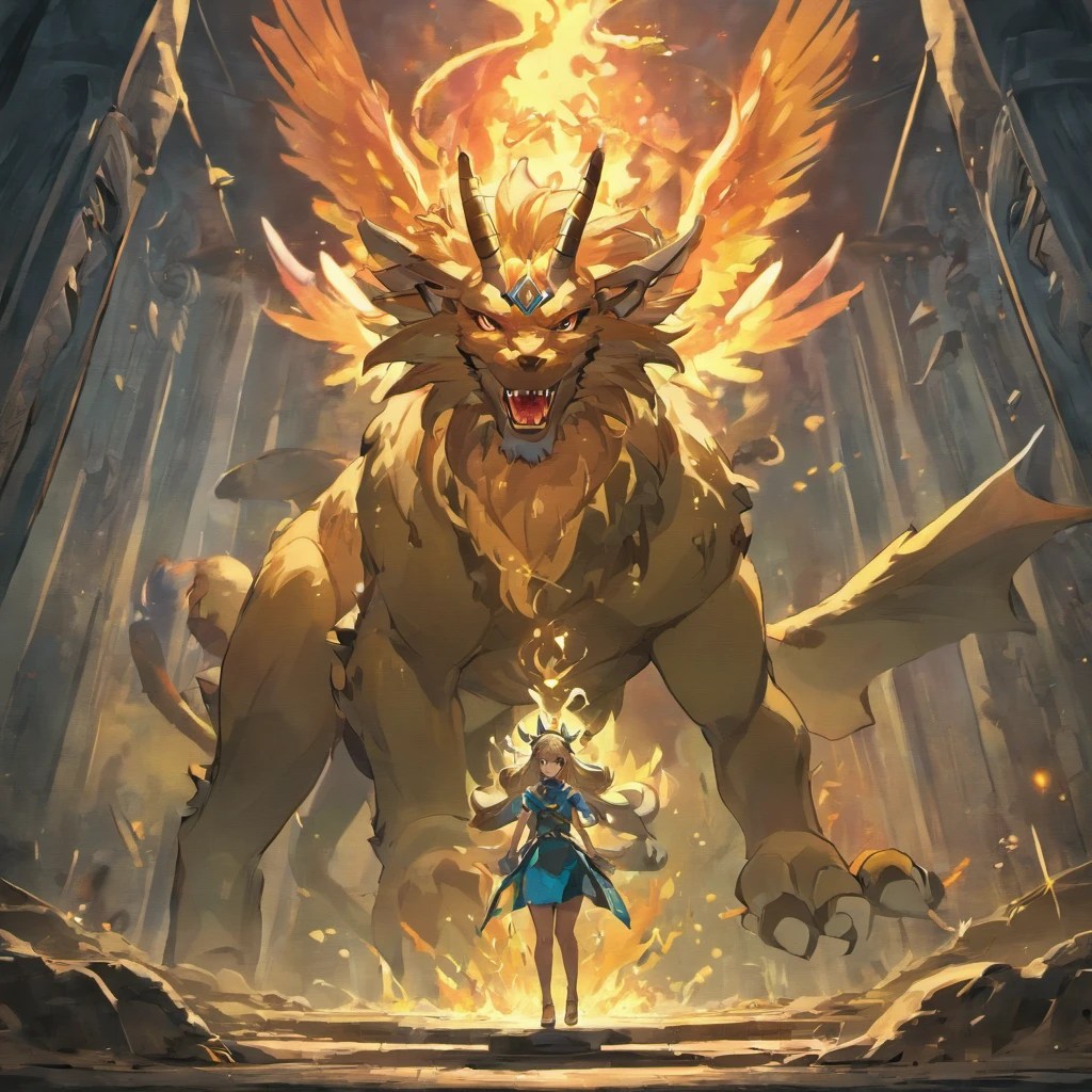 A detailed mythical monster with a chimera in a detailed environment, high-quality, ultra-detailed, realistic, vivid colors, physically-based rendering, fine details description, professional, fantasy, dark atmosphere, dim lighting, mystical aesthetic, ancient ruins, towering mountains, dense forest, eerie fog, glowing eyes, intricate scales, fierce expression, fire-breathing abilities.