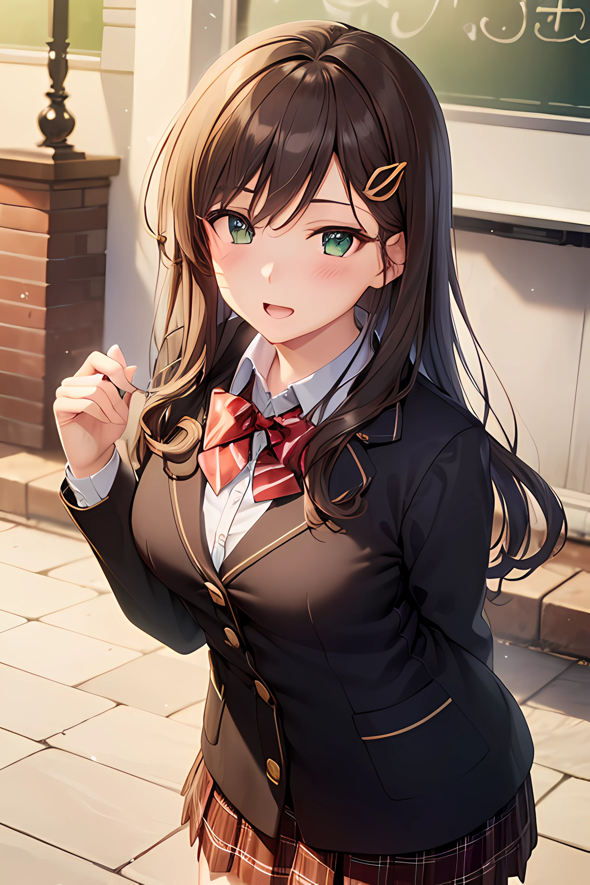 ((masterpiece, best quality, highres, UHD, perfect pixel, depth of field, 4k, RTX, HDR))), 1girl, single, solo, beautiful anime girl, beautiful artstyle, anime character, ((long hair, bangs, dark brown hair, simple hair pin)), ((green eyes:1.4, detailed eyes, beautiful eyes, perfect eyes,curly eyelashes, realistic eyes)), ((detailed face, blushing:1.2)), ((smooth texture:0.75, realistic texture:0.65, photorealistic:1.1, anime CG style)), medium breasts, ((dynamic angle, cowboy shot)), perfect body, ((red bowtie, school uniform, black jacket, open jacket, brown cardigan, white shirt, black skirt, plaid skirt)), smile, open mouth, hand behind back, leaning forward, amusement park