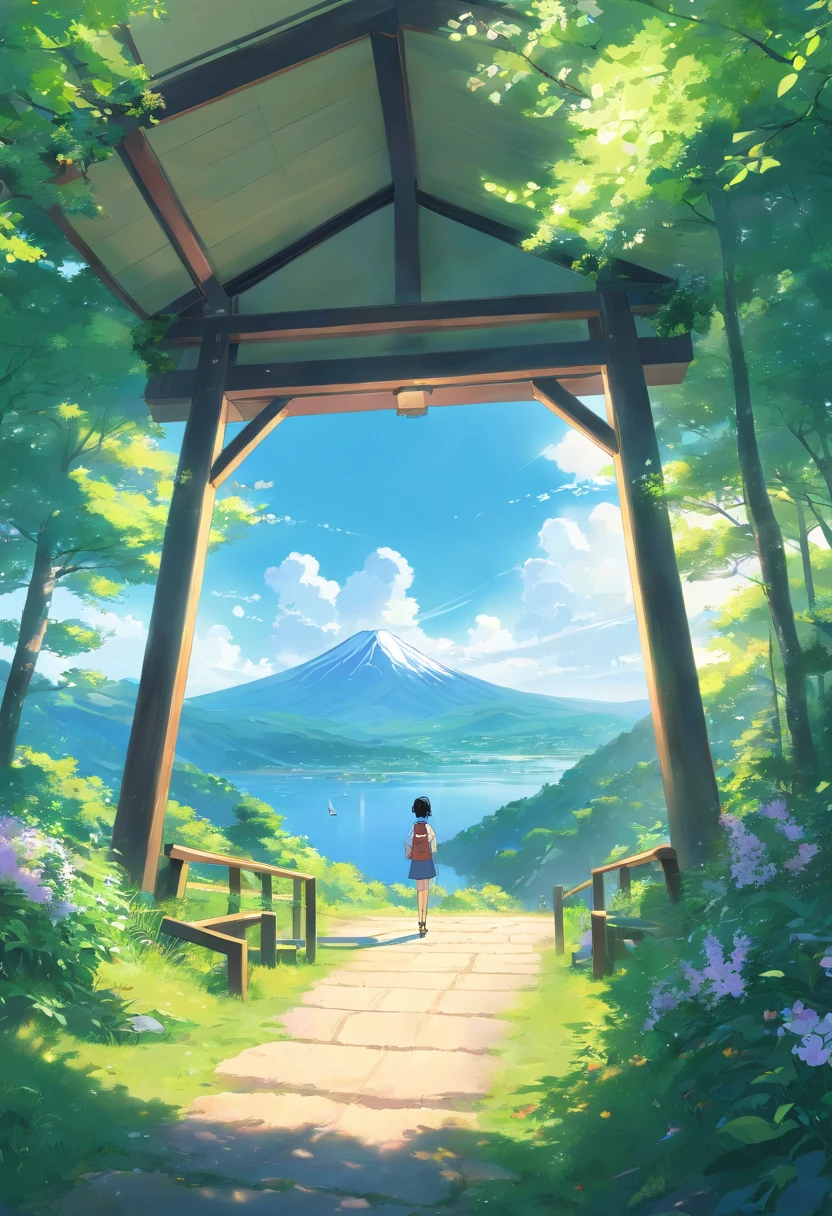 Halfway up the mountain,On the right is a tunnel tent,There is a lake under the mountain,In the distant background is a large mountain,The morning sun hits the tent,There are several cherry blossom trees next to the tent,Faraway view,Beautiful,artistic conception