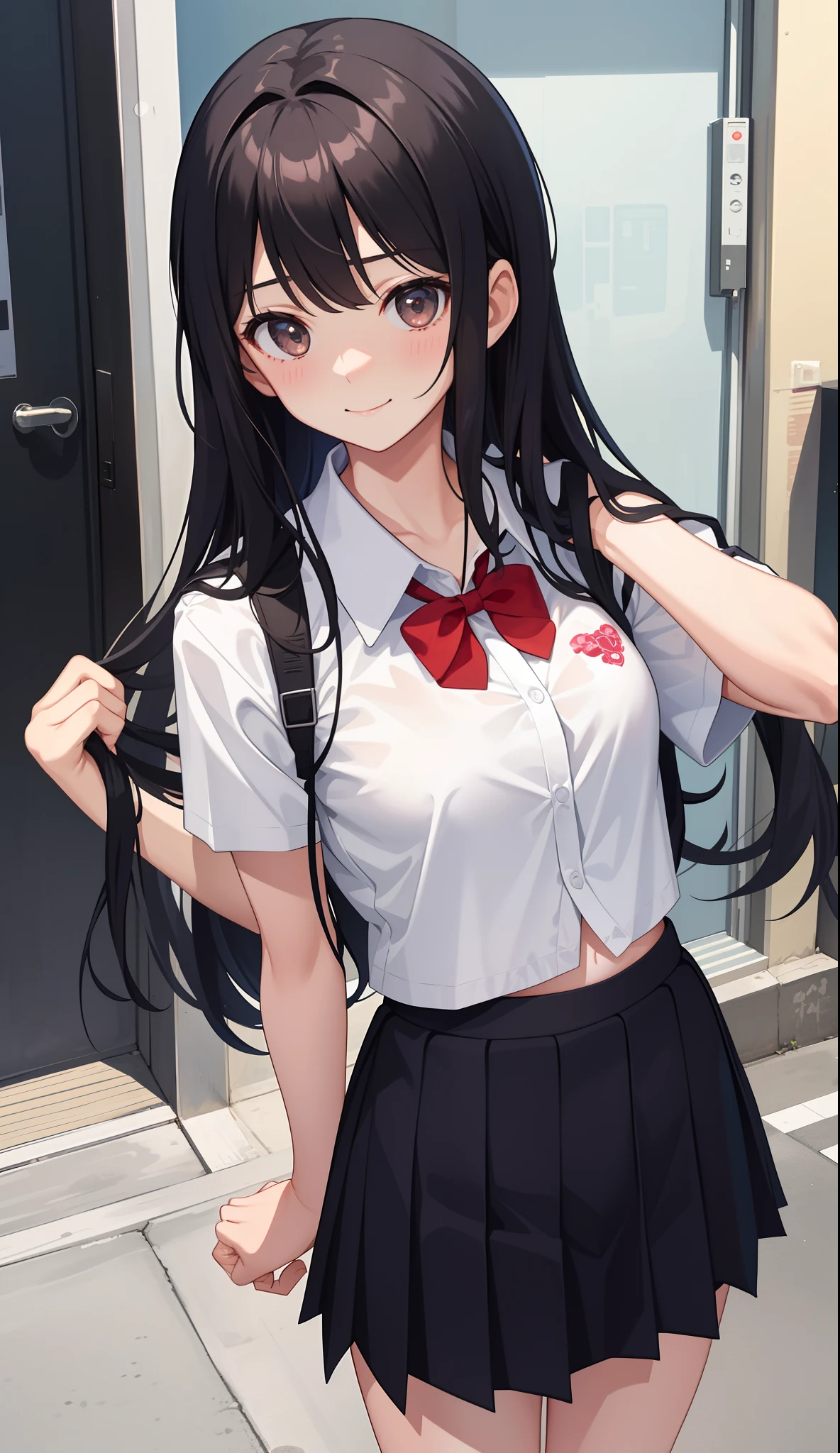 1girl in、AS-Adult、A smile、（Tsundere）、The shirt、skirt by the、（small tits）Chilarism、Japan High School Student Uniform、serafuku、summer clothing、（Sheer Bra）、Upper body portrait、