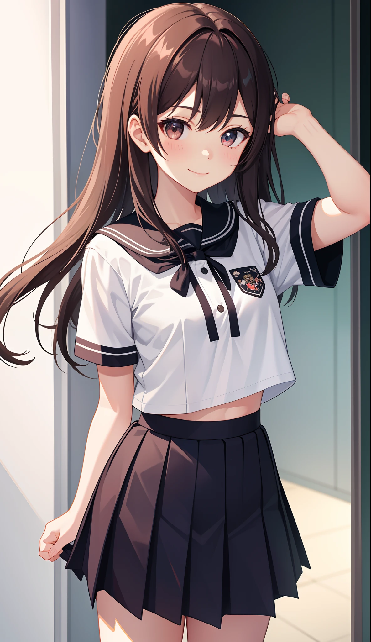 1girl in、AS-Adult、A smile、（Tsundere）、The shirt、skirt by the、（small tits）Chilarism、Japan High School Student Uniform、serafuku、summer clothing、（Sheer Bra）、Upper body portrait、