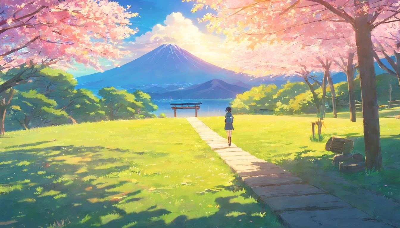 Halfway up the mountain,On the right is the tunnel tent,There is a lake under the mountain,In the distant background is a large mountain,The morning sun hit the tent,There are several cherry blossom trees next to the tent,Faraway view,Beautiful,artistic conception