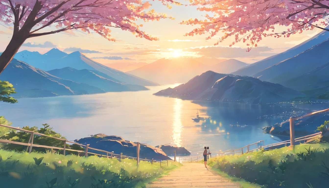 Halfway up the mountain,On the right is the tunnel tent,There is a lake under the mountain,In the distant background is a large mountain,The morning sun hit the tent,There are several cherry blossom trees next to the tent,Faraway view,Beautiful,artistic conception