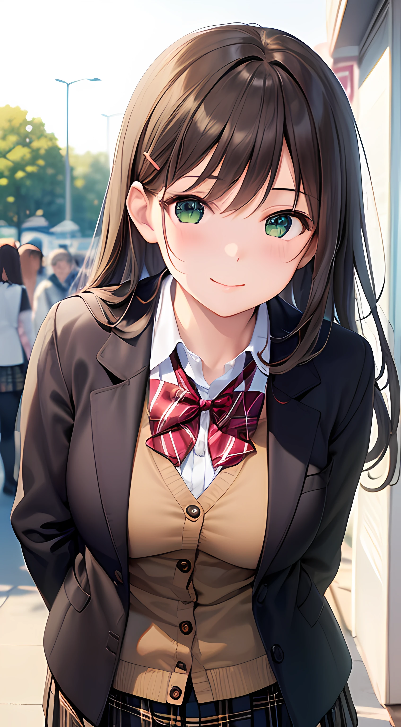 ((masterpiece, best quality, highres, UHD, perfect pixel, depth of field, 4k, RTX, HDR))), 1girl, single, solo, beautiful anime girl, beautiful artstyle, anime character, ((long hair, bangs, dark brown hair, curly hair:0.4, simple hair pin)), ((green eyes:1.4, rounded eyes, beautiful eyelashes, realistic eyes)), ((detailed face, blushing:1.2)), ((smooth texture:0.75, realistic texture:0.65, photorealistic:1.1, anime CG style)), medium breasts, ((dynamic angle, close up, pov)), perfect body, ((red bowtie, school uniform, black jacket, open jacket, brown cardigan, white shirt, black skirt, plaid skirt)), smile, hand behind back, leaning forward, amusement park, cherry blossoms