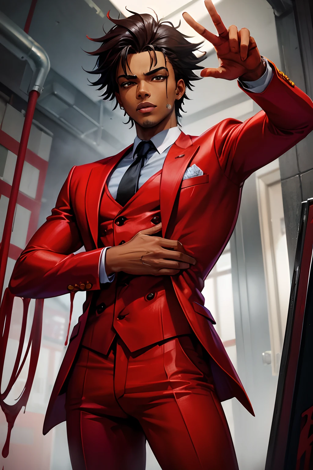 Red suit, black young man, messy hair, show, jojo pose, man, drip, defined
