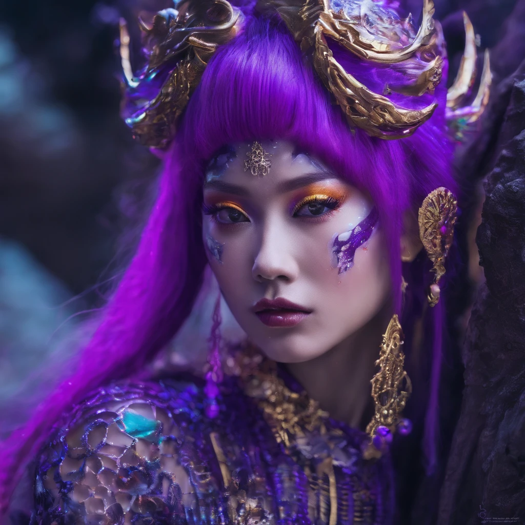 Agate glass texture 32K(tmasterpiece,k hd,hyper HD,32K)Long flowing bright purple hair,Snow in winter,zydink, a color, Asian people (Kizi), (White scarf), Combat posture, looking at the ground, long whitr hair, Floating bright purple, Fire cloud pattern gold tiara, Chinese long-sleeved gold silk garment, (Abstract snowflakes flying:1.2), white backgrounid,Lotus protector(realisticlying:1.4),Bright purple hair,Smoke on the road,The background is pure, A high resolution, the detail, RAW photogr, Sharp Re, Nikon D850 Film Stock Photo by Jefferies Lee 4 Kodak Portra 400 Camera F1.6 shots, Rich colors, ultra-realistic vivid textures, Dramatic lighting, Unreal Engine Art Station Trend, cinestir 800,Long flowing bright purple hair