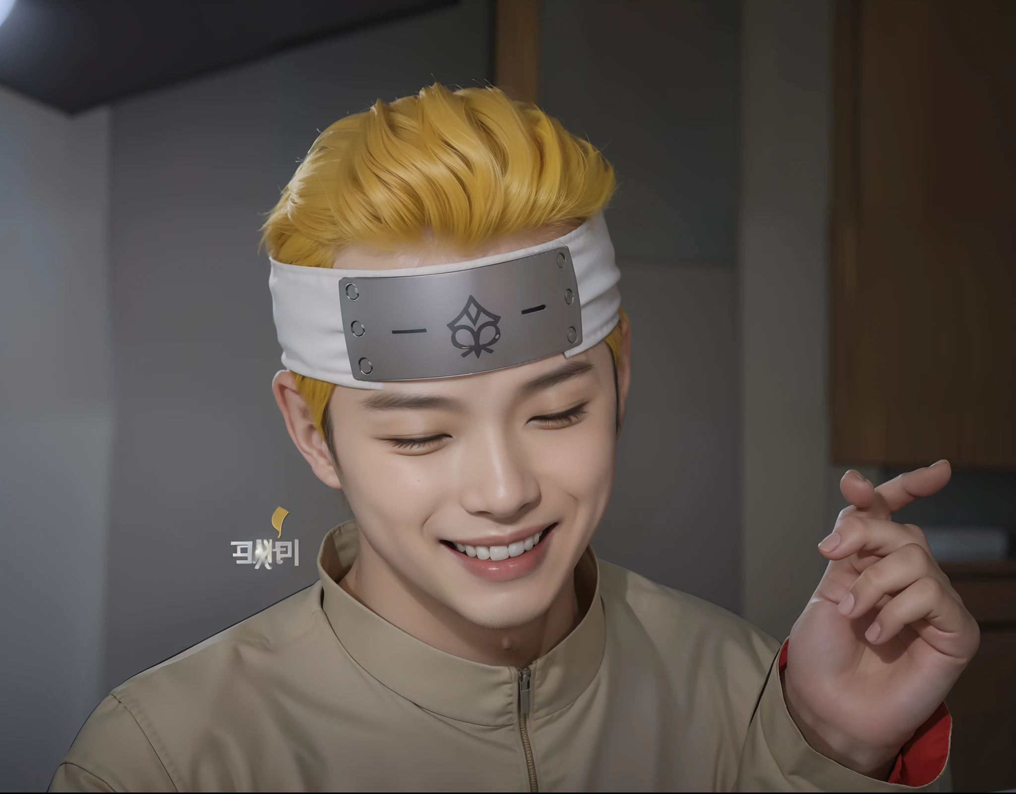 Real life adaption of this character , Korean handsome man ,realistic yellow hairstyle,realistic same outfit,hyper realistic,realism,realistic light,realistic shadow(photorealistic:1.2),plate headband,((laughing expression)),(1 eyes closed)