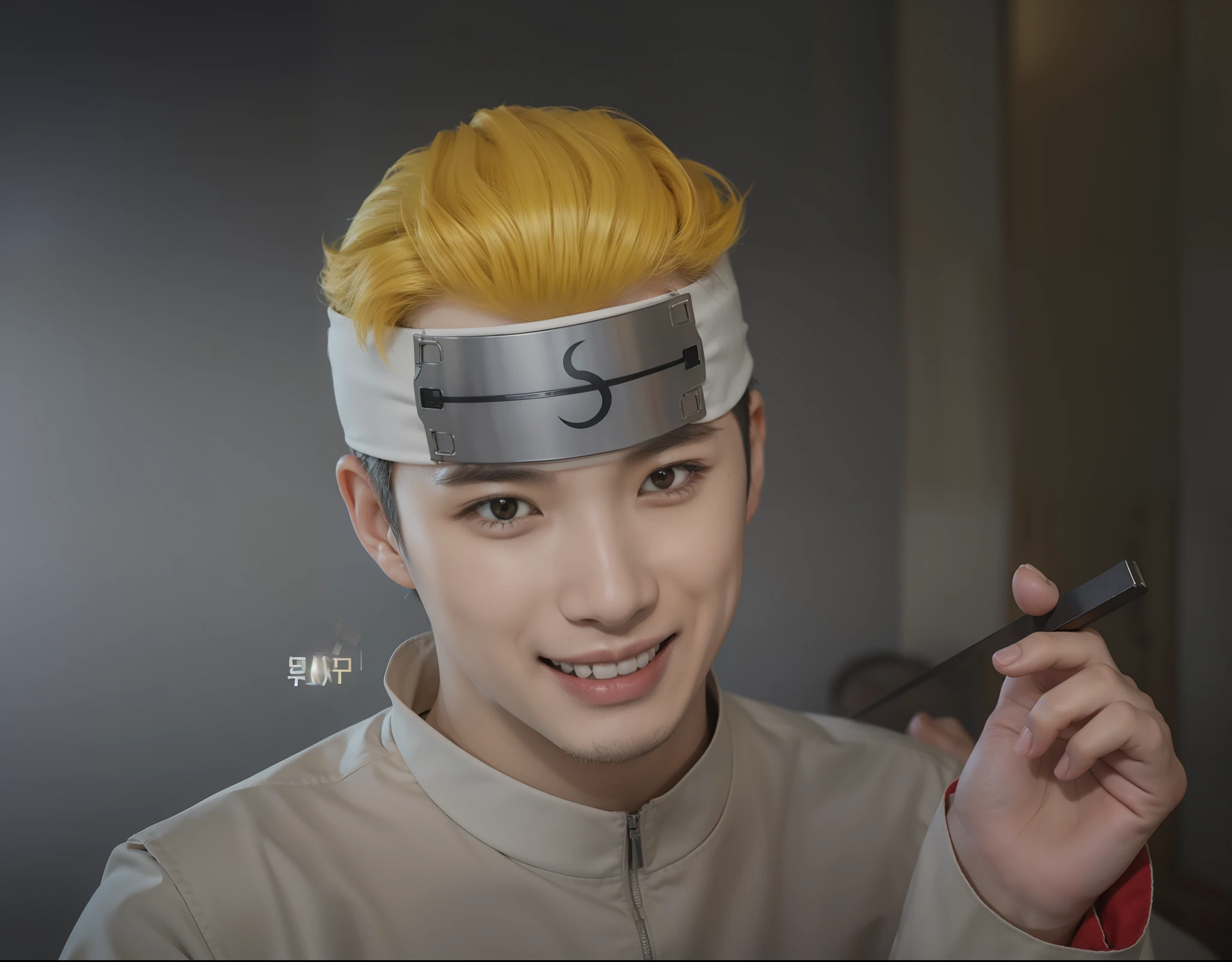 Real life adaption of this character , Korean handsome man ,realistic yellow hairstyle,realistic same outfit,hyper realistic,realism,realistic light,realistic shadow(photorealistic:1.2),plate headband,((laughing expression))