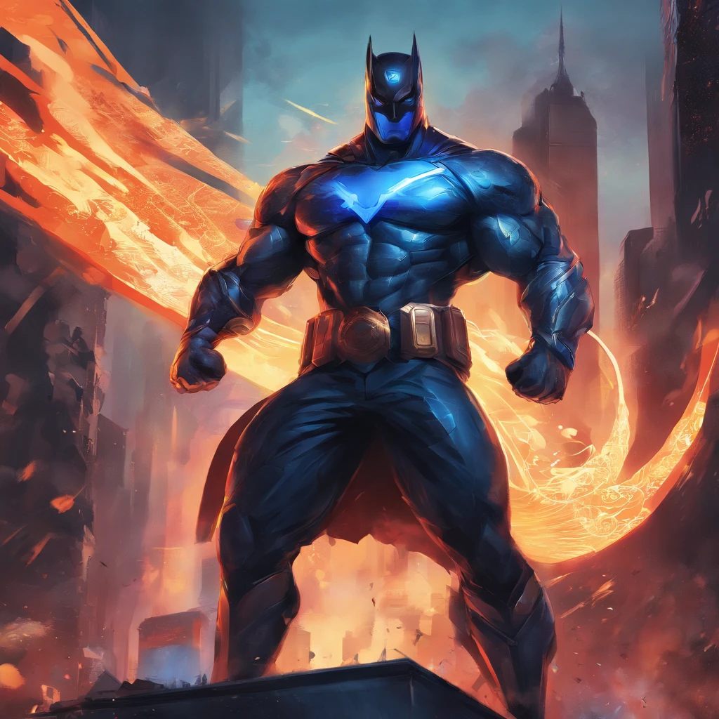 (best quality,ultra-detailed),overpowering hero,blue firepower in hands,detailed art,superhero,cape,mask,emblem,fierce expression,muscular build,heroic pose,cityscape in background,strong lighting,vibrant colors