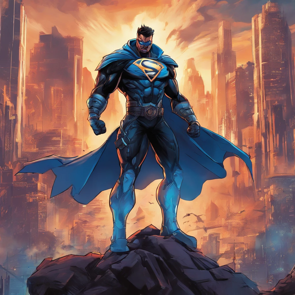 (best quality,ultra-detailed),overpowering hero,blue firepower in hands,detailed art,superhero,cape,mask,emblem,fierce expression,muscular build,heroic pose,cityscape in background,strong lighting,vibrant colors