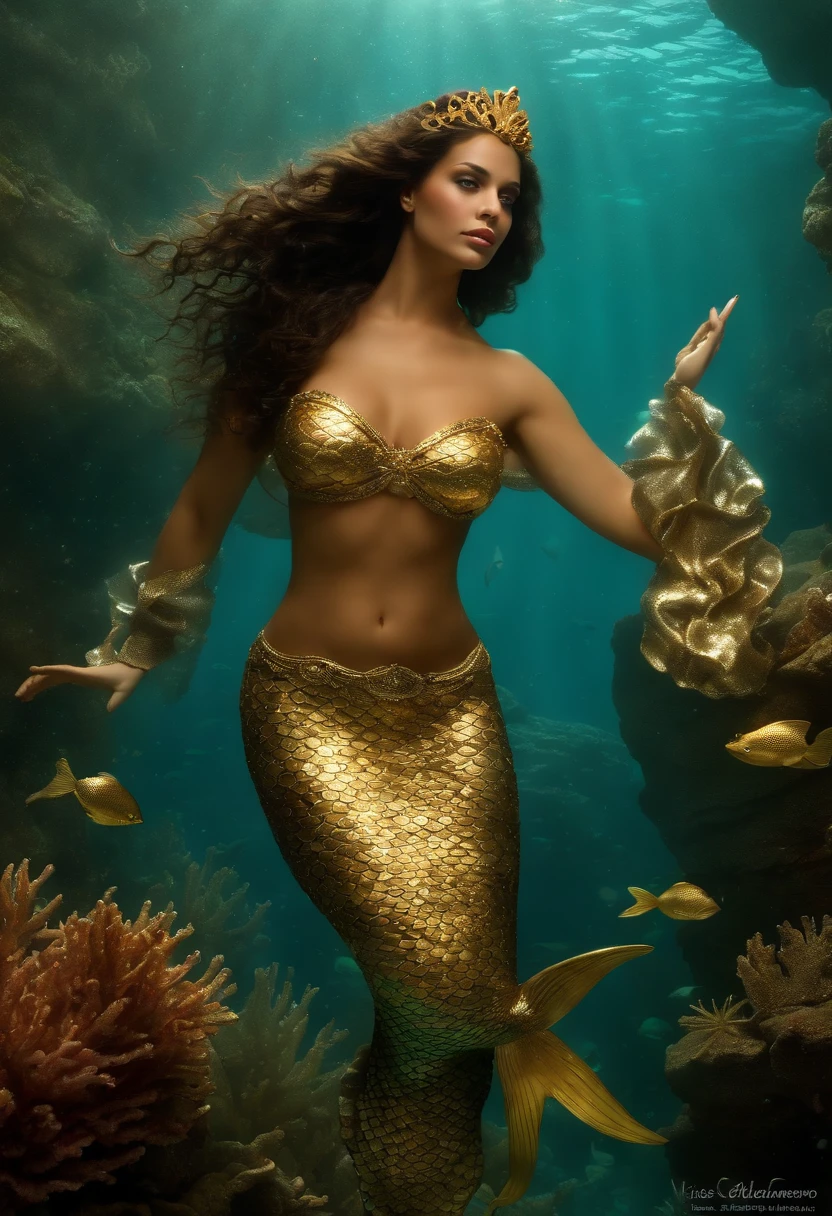 (Numerous award-winning masterpieces, With incredible detail, textures and maximum detail), (The partee corresponding to the two legs has a beautiful fish-tailed fin), (Vista de corpo inteiro da sereia:1.7), (hyper realistic:1.4), (Realistic:1.3), (Partee superior do corpo para cima:0.3), (Many treasures of gold and silver are sunk around: 1.8), (melhor qualidade de pele textura real), (((in water))), (recife de coral raso: 1.5), (mar brilhante diurno: 1.6), (finely detailed true circle Symmetrical eyes), (rosto bonito e delicadamente desenhado), ((mundo medieval)), (Mermaid full body display: 1.7), ((sereia)), ((Princesa Sereia)), ((nobreza sereia)), (olhos claros que brilham intensamente nos olhos), (Ela tem um sorriso travesso no rosto), (Navio afundado com tesouro:1.8), templo afundado em um recife de coral, antiga cidade afundada, Templo afundado, Grande catedral afundada, Templo destacado afundado, Sunken ruins of an ancient castle, (Majestic bright water and light:1.2), recife de coral, (Olhos que brilham azuis no escuro:1.5), ( par de olhos azuis de gelo com luz azul forte emitindo de dentro:1.5), (bio-luminescence:1.5), (Vista de corpo inteiro da sereia:1.7), (Underwater Treasure: 1.8), (Spinning water current and tidal current at the bottom), (dramatic light), (A majestic sight), (His countenance is gentle and handsome), Brincos de vidro nas orelhas, (dramatic photo:1.4), (dramatic pose), (foto extravagante), (cabelos dourados), (cabelos prateados), (cabelo castanho), (Vista de corpo inteiro da sereia:1.7), ((procura para cima)), ((olhando para baixo)), (Around her neck is a simple necklace of exquisite finish), (Bioluminescence with a bright glow:1.3), (Use a magia chamativa da Hydro:1.2), (Peixes bonitos nos arredores), (whole body view:1.7), epic realistic, desbotado, arte, (Greg Rutkowski:0.8), (teal and orange:0.4), (Artee Station:1.5), cinemactic, ((Cores Neutras)
