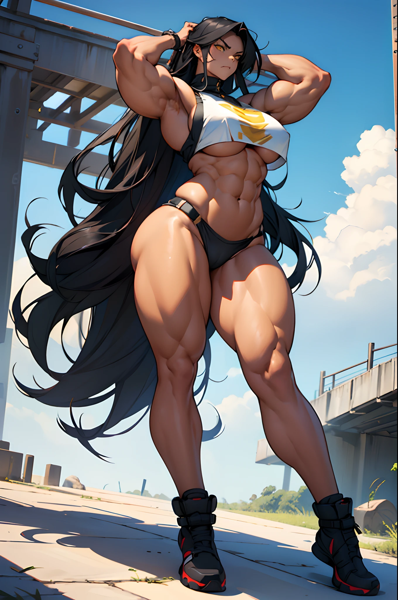 solo, (((1 girl))), very long hair, black hair, angry, yellow eyes, ((((muscular)))), ((huge tits)), ((thick thighs)), ((wide hips)), (full body), (armpits)