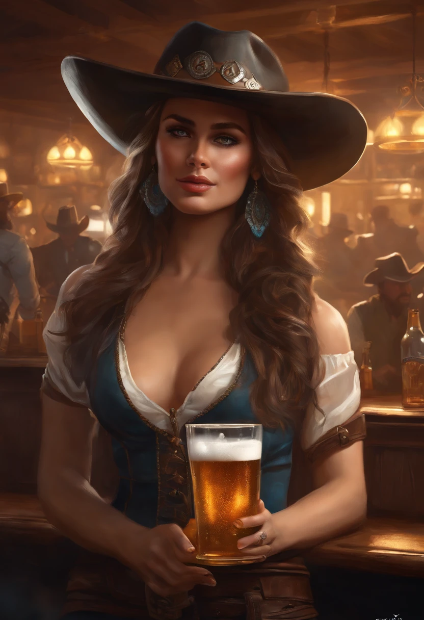 arafed woman in a cowboy hat holding a beer in a bar, concept art by Aleksander Gine, cgsociety contest winner, fantasy art, karol bak uhd, oldwest, cyberpunk wild west, devianart and cgsociety, beautiful digital artwork, stunning digital illustration, artgerm ; 3d unreal engine, hyperrealistic d & d fantasy art