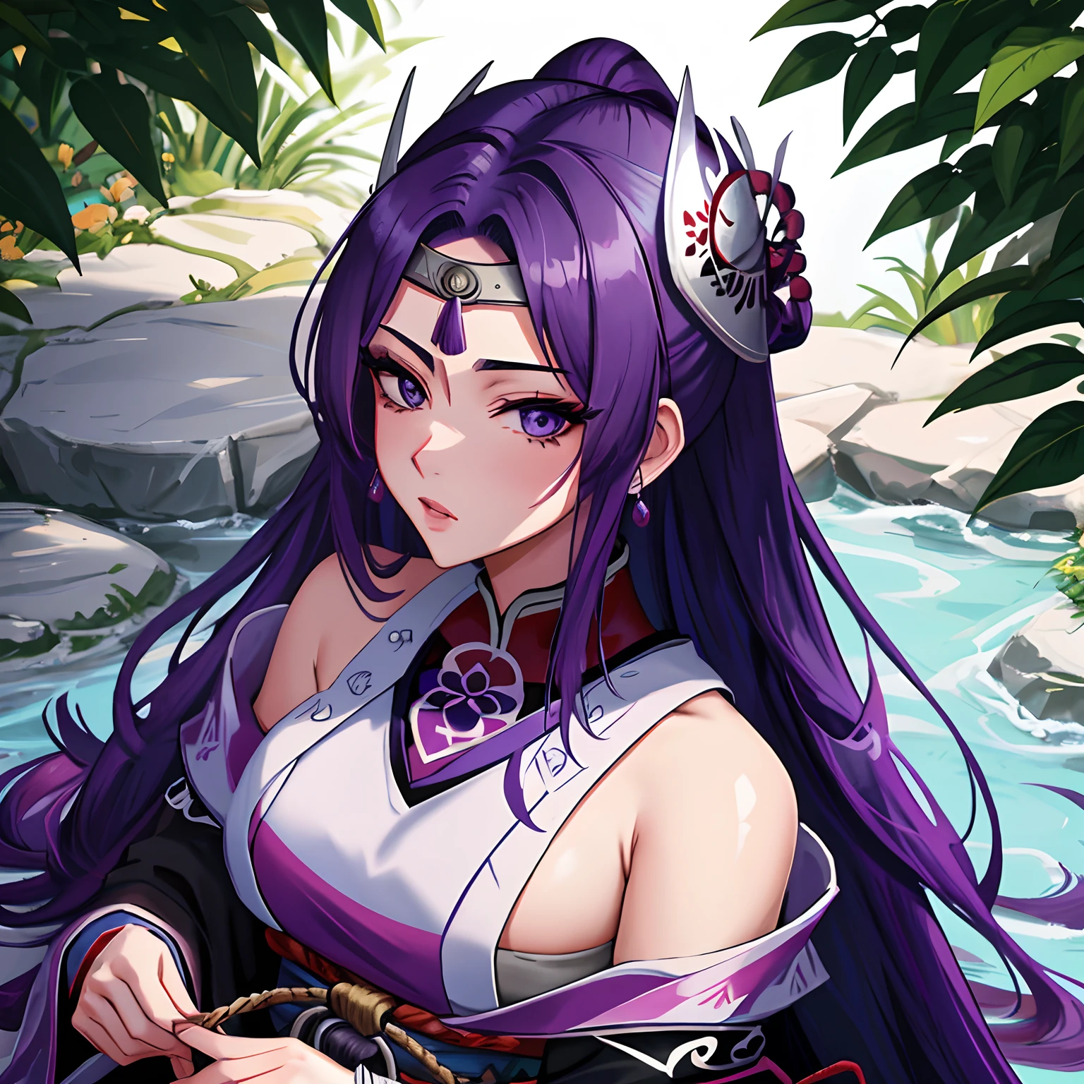 Samurai, mulher ocidental, mulher bonita, mulher jovem, mulher branca, Branco_Woman, mulher de cabelo roxo, purple_hair, uma garota samurai sexy, usando quimono samurai, long_hair, olhos cinzas, jardim de fundo, manga-style, rosto delicado