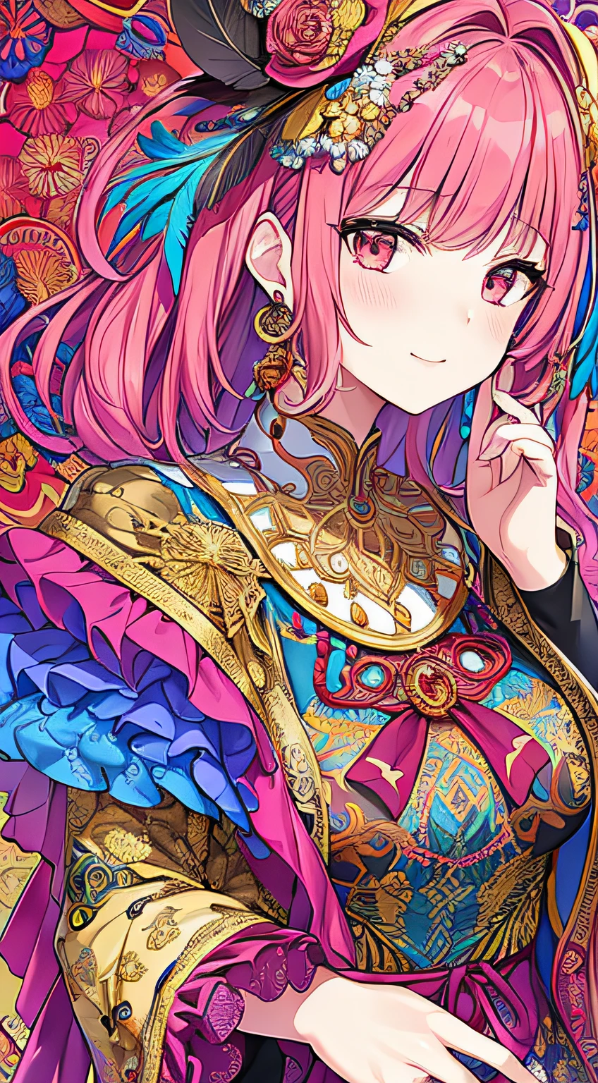 (masutepiece, of the highest quality, Best Quality, Official art, Beauty and aesthetics: 1.2), (1 girl: 1.3), Very detailed, (Fractal Art: 1.1), (Color: 1.1) (Flowers: 1.3), Supreme Detail, (Zentangle: 1.2), (Dynamic Pose), (Abstract background: 1.3), (Multiple colors: 1.4), (Fine Composition: 1.2), (earrings), (Feathers: 1.5)