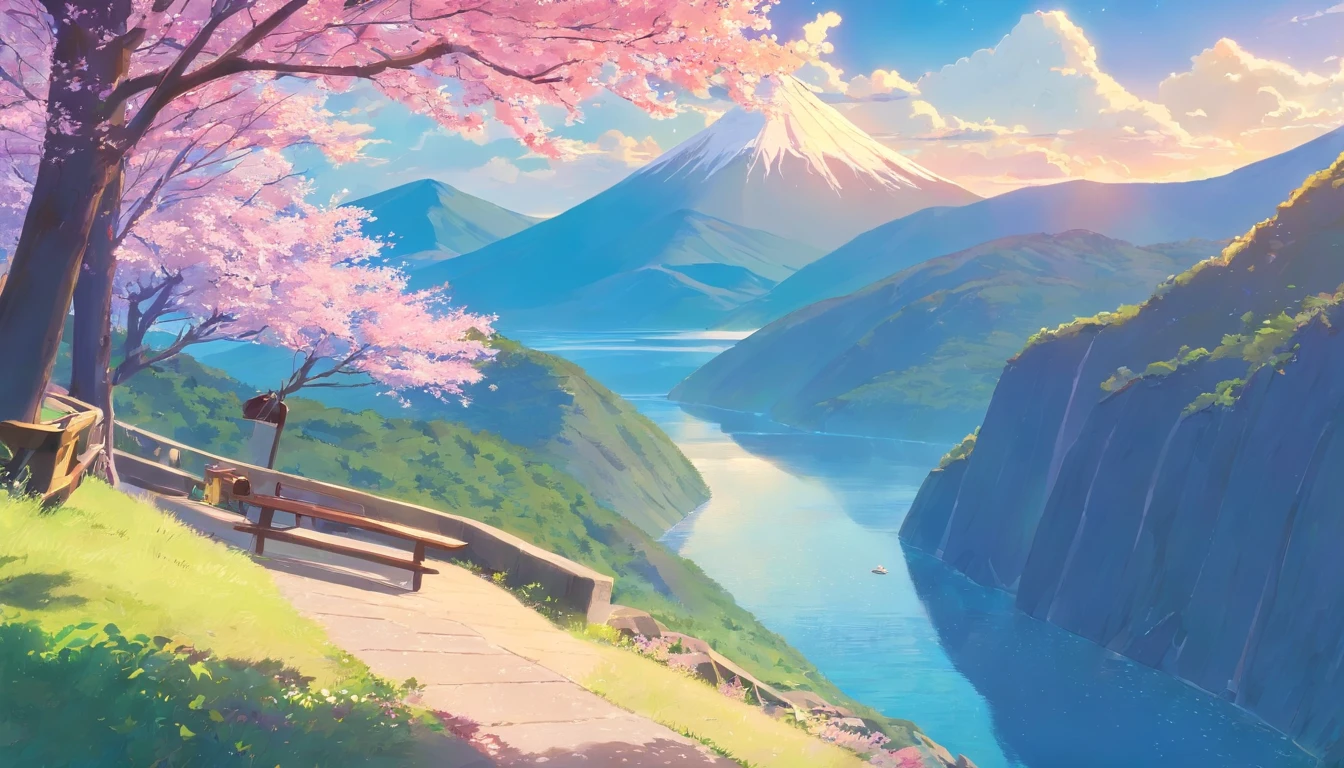Halfway up the mountain,On the right is the tent,There is a lake under the mountain,In the distant background is a large mountain,The morning sun hit the tent,There are several small cherry blossom trees next to the tent,Faraway view,artistic conception