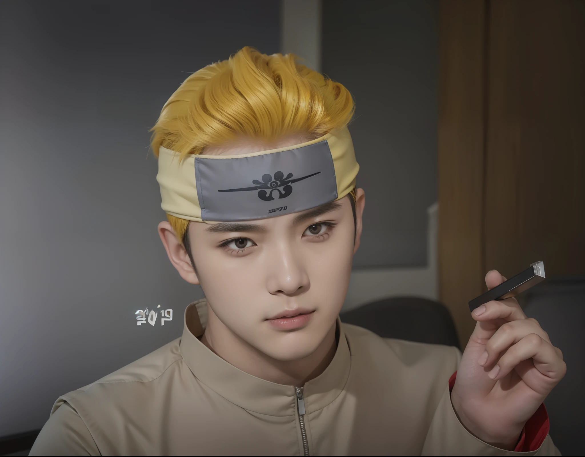 Real life adaption of this character , Korean handsome man ,realistic yellow hairstyle,realistic same outfit,hyper realistic,realism,realistic light,realistic shadow(photorealistic:1.2),plate headband,((same expression))