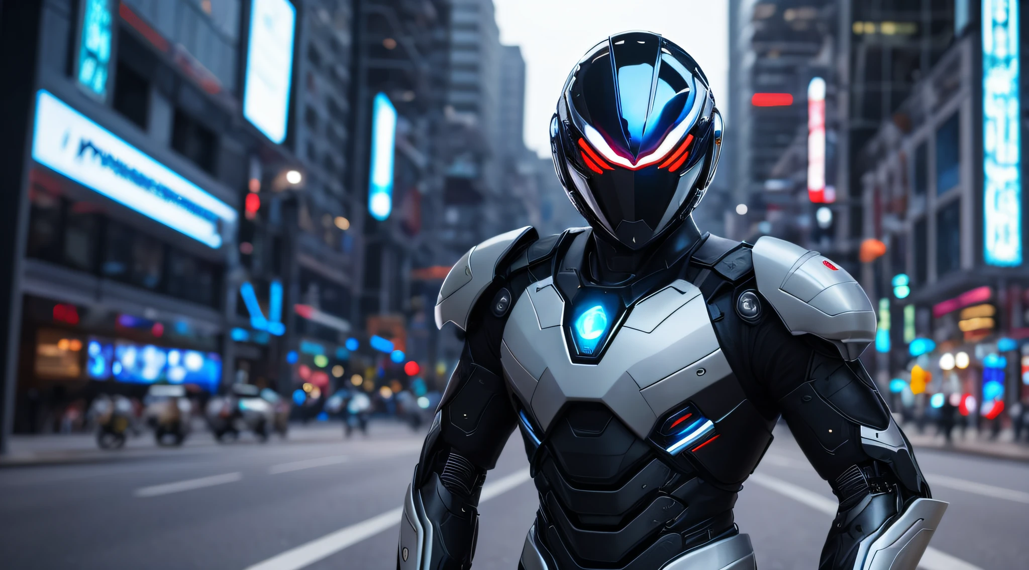imagem frontal com um capacete nele, sci-fi helmet, capacete estilizado da motocicleta, com equipamento futurista e capacete, Viseira mecha de vidro OLED, futuristic cybernetic helmet, intrincado capacete de alta tecnologia, capacete detalhado, roupas futuristas e capacete,