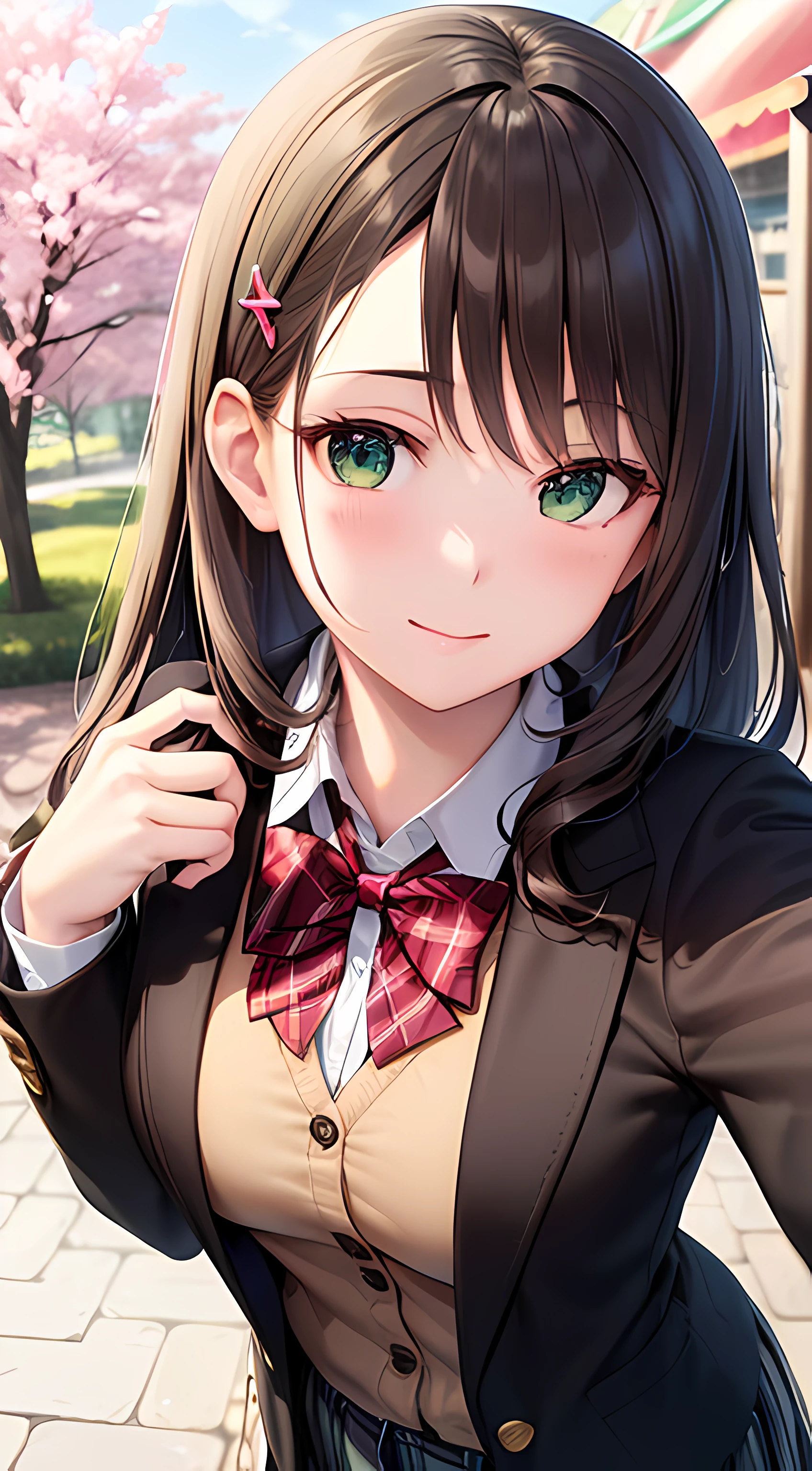 ((masterpiece, best quality, highres, UHD, perfect pixel, depth of field, 4k, RTX, HDR))), 1girl, single, solo, beautiful anime girl, beautiful artstyle, anime character, ((long hair, bangs, dark brown hair, curly hair:0.4, simple hair pin)), ((green eyes:1.4, rounded eyes, beautiful eyelashes, realistic eyes)), ((detailed face, blushing:1.2)), ((smooth texture:0.75, realistic texture:0.65, photorealistic:1.1, anime CG style)), medium breasts, ((dynamic angle, close up, pov)), perfect body, ((red bowtie, school uniform, black jacket, open jacket, brown cardigan, white shirt, black skirt, plaid skirt)), smile, selfie pose, amusement park, cherry blossoms