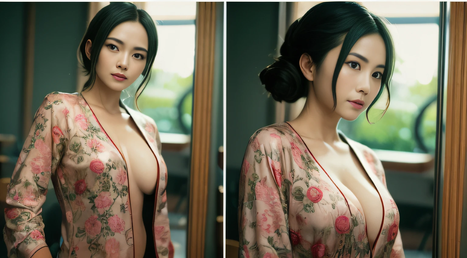 A lady in low-cut silk pajamas，The neckline is open，Bumpy figure，Medium bust，Bust，{Continuous shooting}：up front view，Left view，right view，posterior view，Right top side light，Bust photo，Filmquality，16k