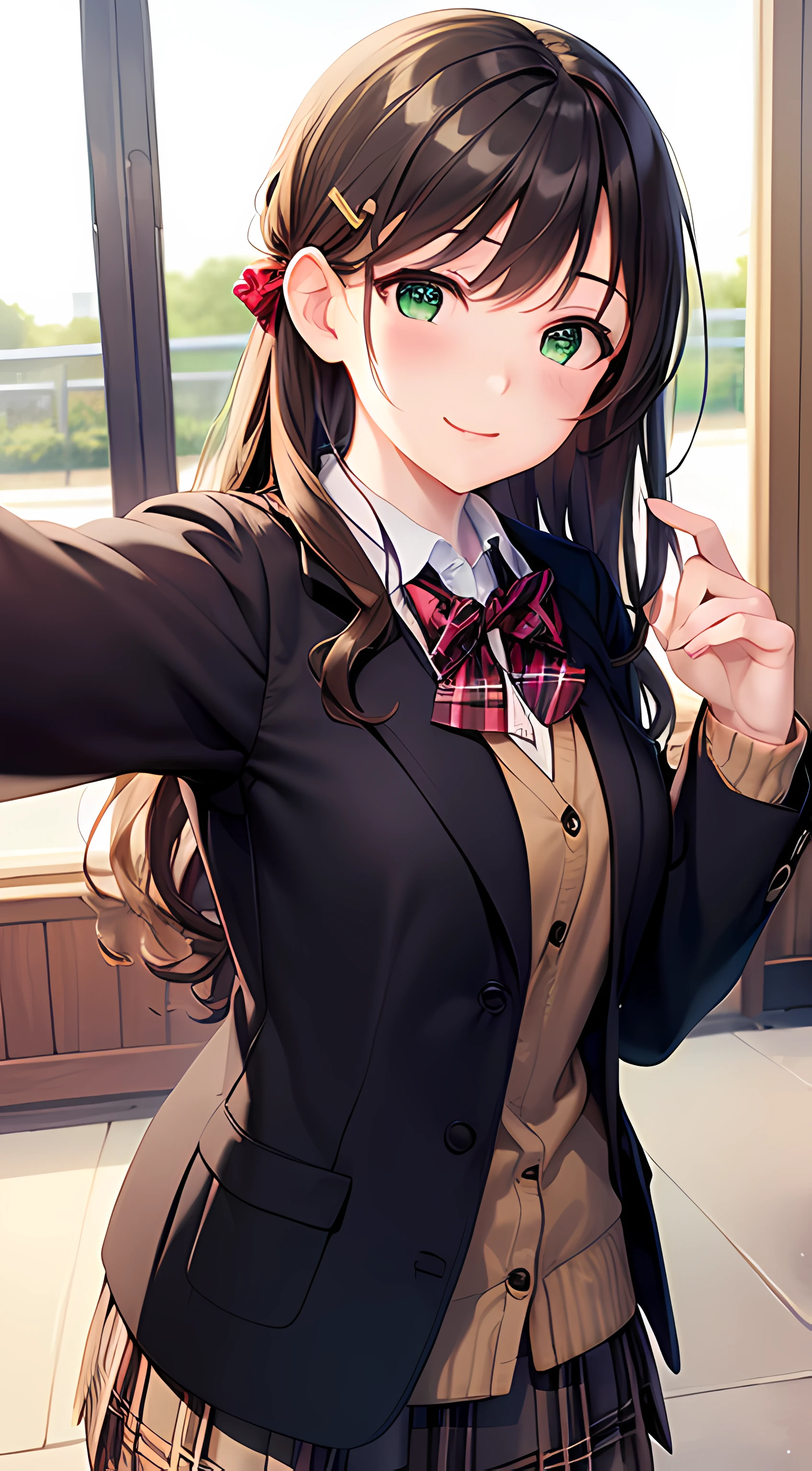 ((masterpiece, best quality, highres, UHD, perfect pixel, depth of field, 4k, RTX, HDR))), 1girl, single, solo, beautiful anime girl, beautiful artstyle, anime character, ((long hair, bangs, dark brown hair, curly hair:0.4, simple hair pin)), ((green eyes:1.4, rounded eyes, beautiful eyelashes, realistic eyes)), ((detailed face, blushing:1.2)), ((smooth texture:0.75, realistic texture:0.65, photorealistic:1.1, anime CG style)), medium breasts, ((dynamic angle, close up, pov)), perfect body, ((red bowtie, school uniform, black jacket, open jacket, brown cardigan, white shirt, black skirt, plaid skirt)), smile, selfie pose, amusement park, cherry blossoms