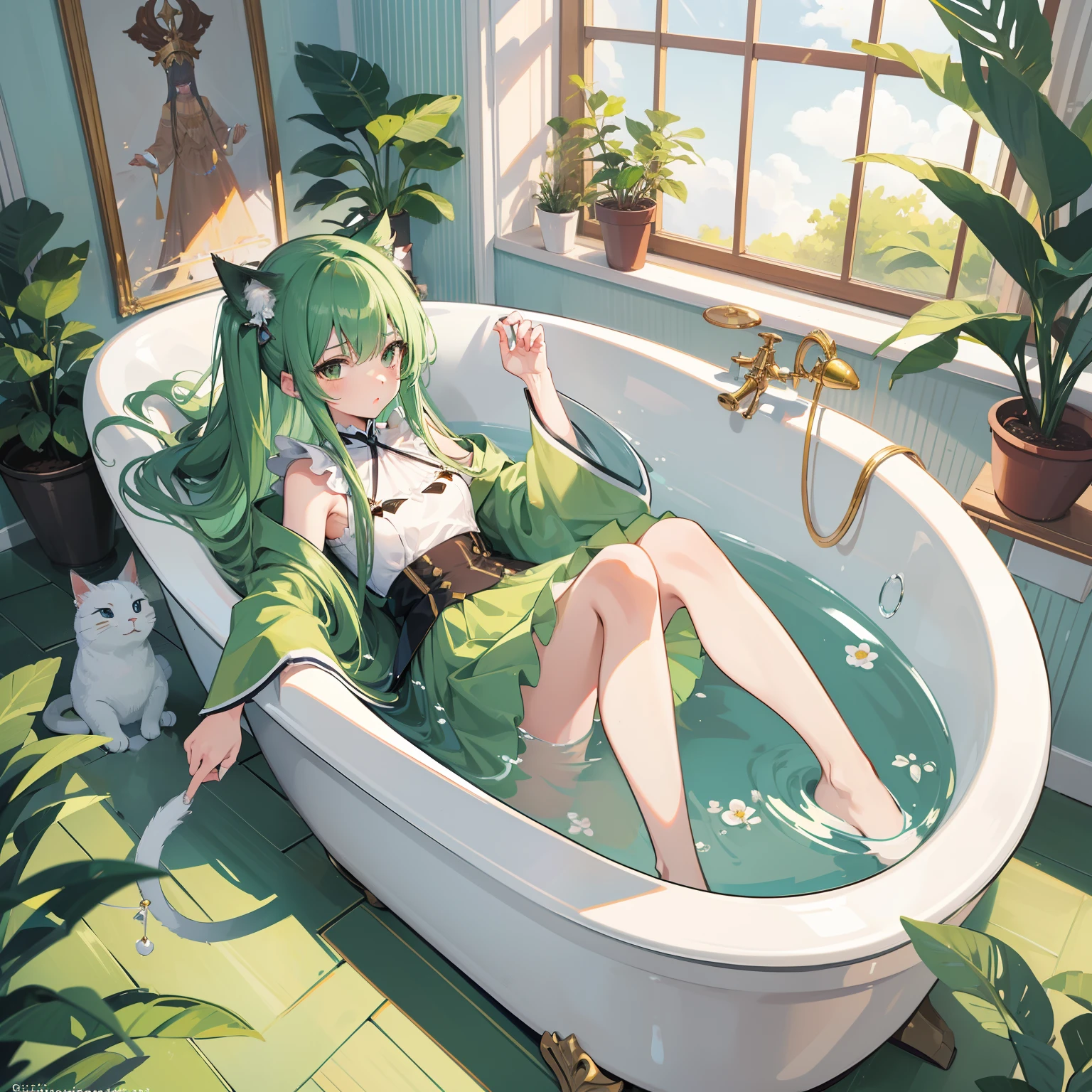 (Mouthpiece, top quality, illustration, very high quality, very delicate writing),Full body, magical girl with long hair soaking in cat foot tub, green robe, machine based cat foot tub, lively, no background, one person, green longskirt