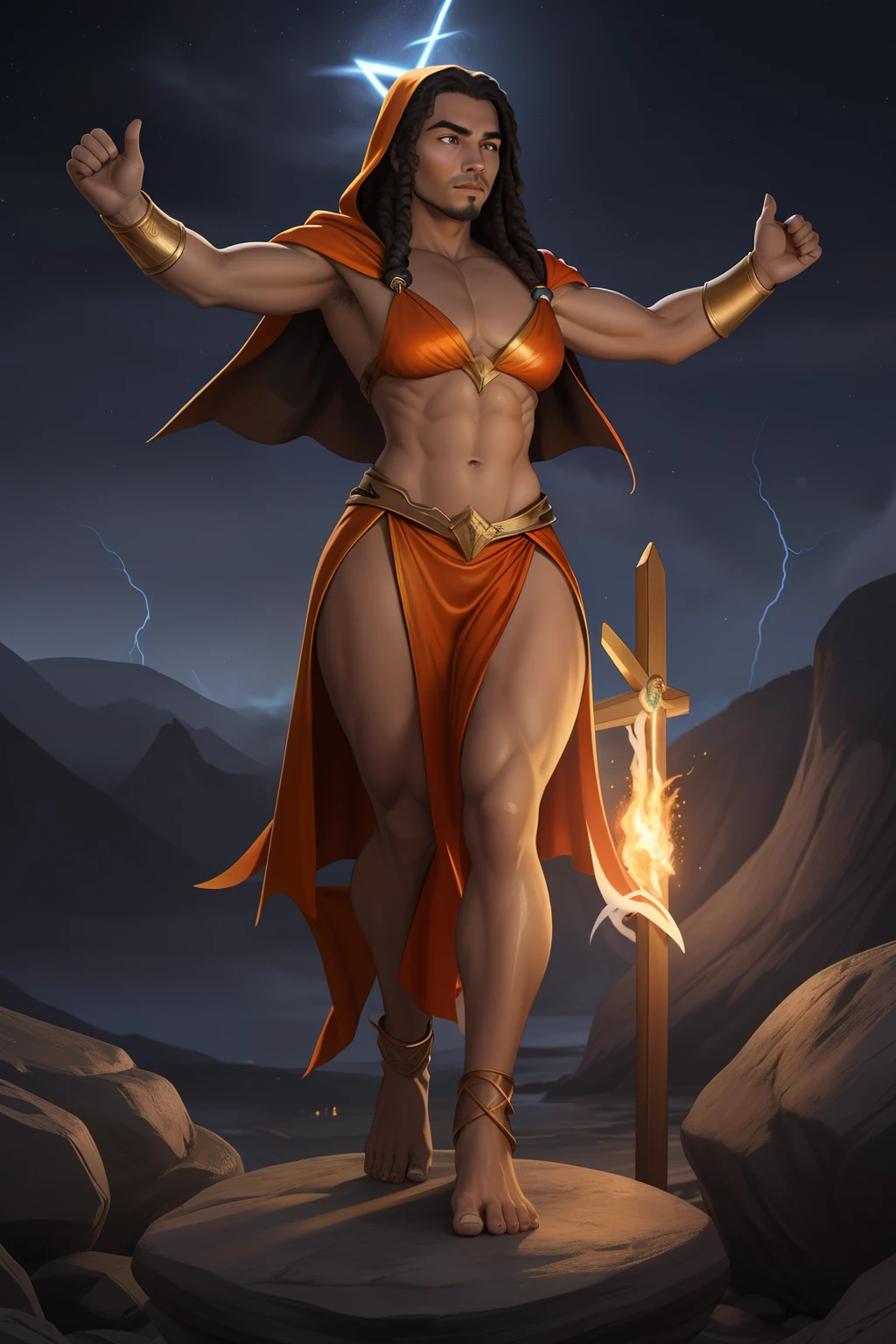 um homem negro Moreno Re iJesus Cristo, Body of an alien .behind a cross in the background at the bottom of the image appears a cross,    Phoenix Jesus, Moreno, de cabelo afro cabelo caindo para frente,A realistic 4K phoenix with orange feathers, with a serious expression and looking forward, corpo inteiro.Jesus, tiro de corpo inteiro, Olhos firmes, olhando para frente, Lightning in the sky, arms extended, olhando para frente, parado no topo de uma montanha, manto e capa vermelhos, Shining cross in the airA realistic 4K phoenix with orange feathers, with a serious expression and looking forward, corpo inteiro. Rasta type but braided,tiro de corpo inteiro, Olhos firmes, olhando para frente, Lightning in the sky, arms extended, olhando para frente, parado no topo de uma montanha, manto e capa vermelhos, cruz brilhante no a  , Perfect Summoning Body,   barefoot, Levitando, Hooded robes and arms raised on a broken earth;, luz de lava brilhante de baixo do campo de asteroides (rochas irregulares, pedregulhos e detritos disparando para o com , 4K realista com penas laranjas, Cosmic Blue. with a serious expression and looking forward, corpo inteiro. uma co com seios lindos corpo perfeito,  is beautiful a destination with ,vario expression