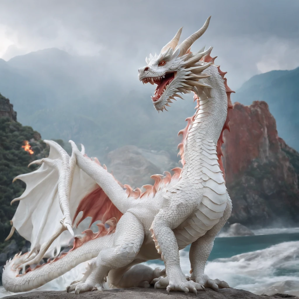 (((white dragon)))，chinesedragon，(((Behind him is a huge Chinese dragon)))，Uma mulher de figura marcante，Use uma minissaia bonita，Vazamento de ambos os ombros，joias，amazing work，Vitreous glow,clean backdrop，alto brilho，cores azuis，em rosa，cores ciano，Cor vermelha