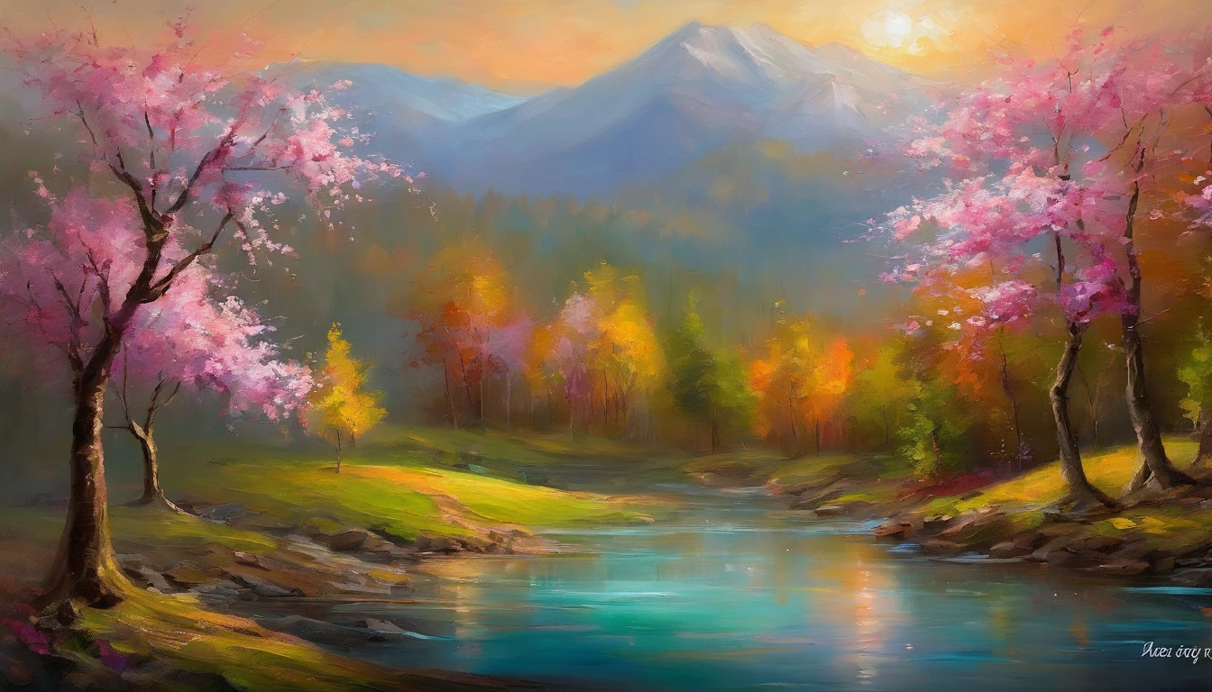 Halfway up the mountain,On the right is the tent,There is a lake under the mountain,In the distant background is a large mountain,The morning sun hit the tent,There are several small cherry blossom trees next to the tent,Faraway view,artistic conception