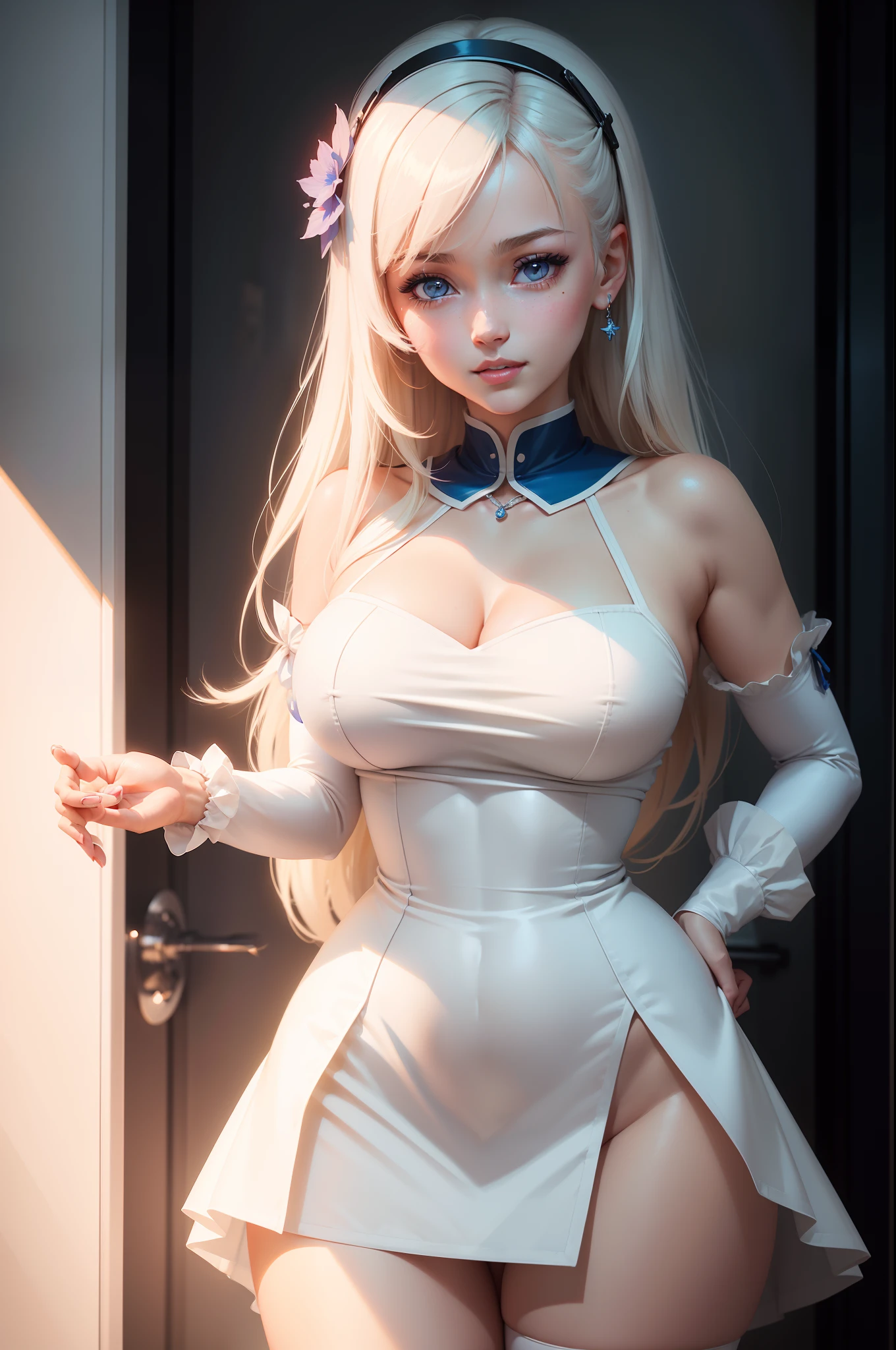 a close up of a woman in a white dress with a blue collar, portrait knights of zodiac girl, retro anime girl, artstyle : ilya kuvshinov, ilya kuvshinov style, 8 0 s anime art style, ilya kuvshinov and artgerm, anime style. 8k, digital anime illustration, Detalles complejos, animated lighting, sexualizada, provocativo, Sensual, sonrisa pervertida, hyper lolita, Pezones erectos, cameltoe completo, Hiperresolución, pecas llenas, labios gruesos y jugosos, Grandes ojos