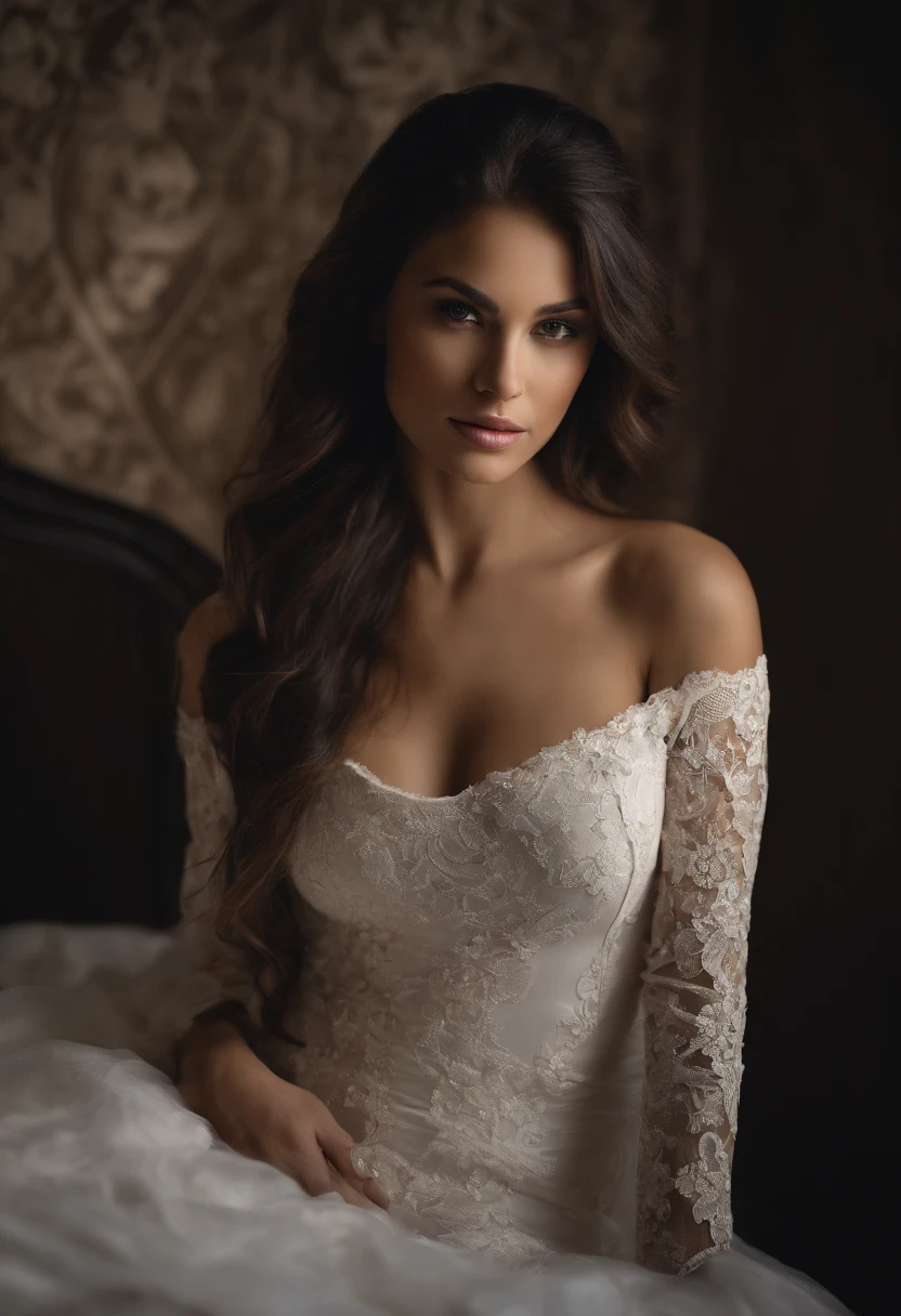 beautiful detailed woman, realistic portrait, stunning features, captivating eyes, seductive lips, flowing dark hair, flawless skin, elegant pose, black shirt, sensual allure, mysterious atmosphere, hotel bedroom, intimate setting, lacy black lingerie, suggestive ambiance, crepuscular lighting, high-resolution image, hyperrealistic details