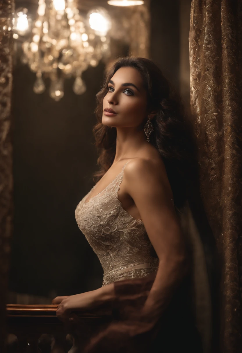 beautiful detailed woman, realistic portrait, stunning features, captivating eyes, seductive lips, flowing dark hair, flawless skin, elegant pose, black shirt, sensual allure, mysterious atmosphere, hotel bedroom, intimate setting, lacy black lingerie, suggestive ambiance, crepuscular lighting, high-resolution image, hyperrealistic details