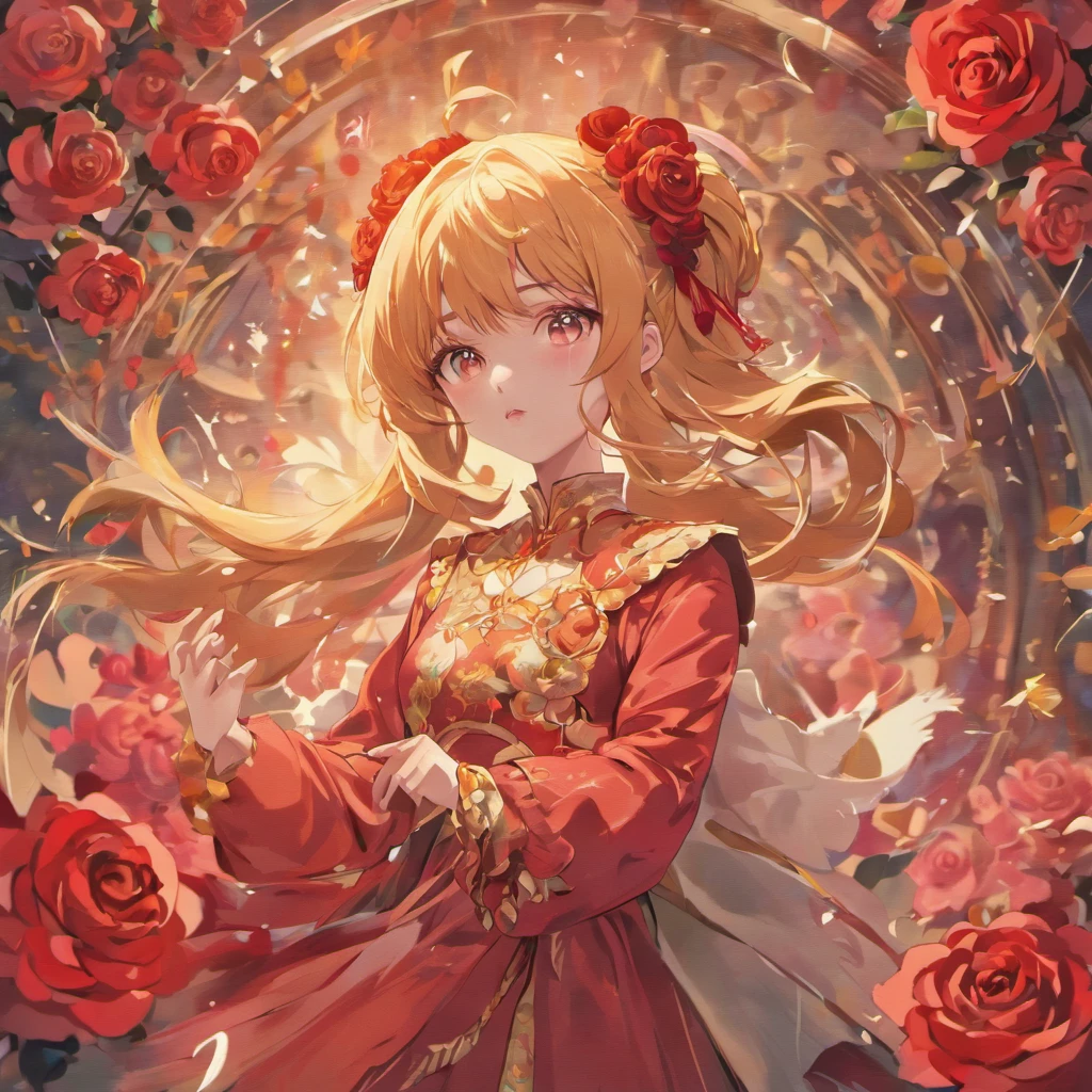 (best quality,4k,8k,highres,masterpiece:1.2),ultra-detailed,realistic,portrait,dynamic pose,warm art style,singular,roses in hair,close-up,expressive eyes,red lips,vivid colors,dramatic lighting,soft background