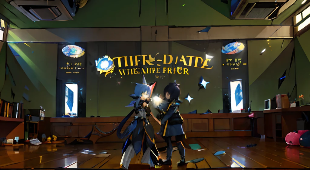there are two people standing in a room with a sign, vrchat, untextured, desaturated!!, desaturated!, desaturated, shattered, displayed, unfortunate, crashed, destroyed, littered, dissipate!!, second life avatar, in a crashed spaceship, inspired by Munakata Shikō, shattering, 2 b, inspired gacha club game