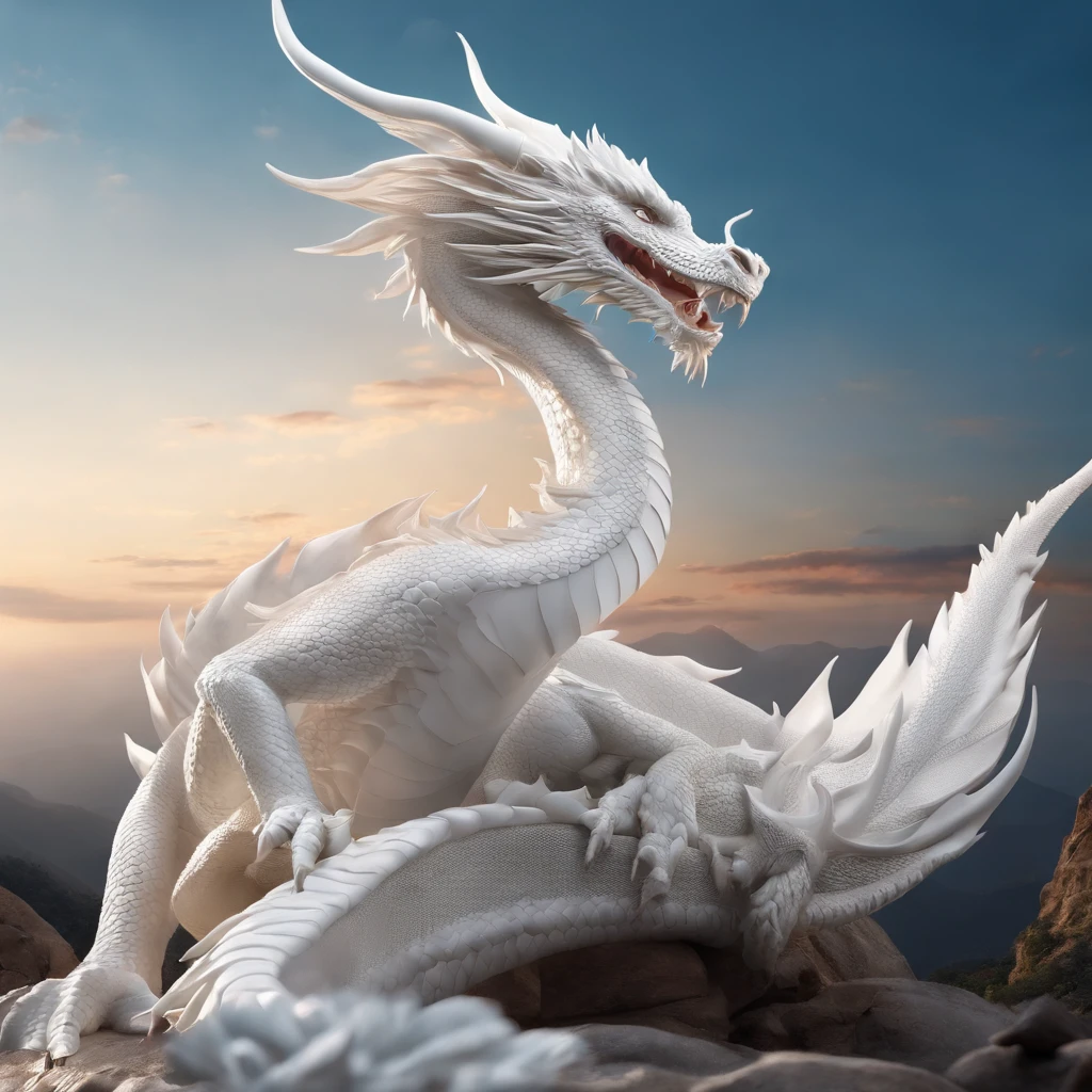 (((white dragon))),chinesedragon,(((Behind him is a huge Chinese dragon))),Uma mulher de figura marcante,Use uma minissaia bonita,Vazamento de ambos os ombros,joias,amazing work,Vitreous glow,clean backdrop,alto brilho,cores azuis,em rosa,cores ciano,Cor vermelha