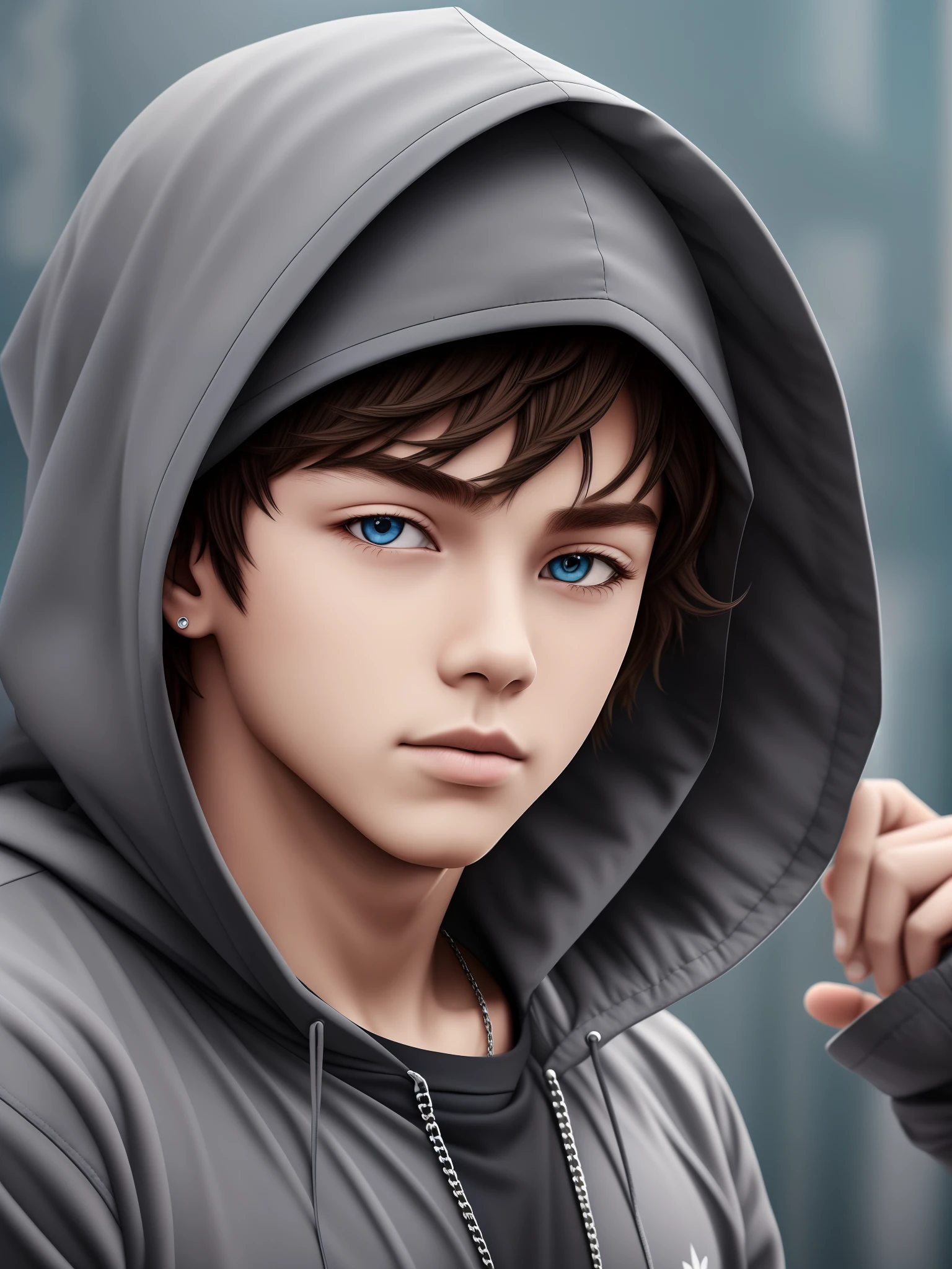 8k Imagine. A boy who wears a hood and closes the hood, the background is gray. Very real style 8k --auto --s2