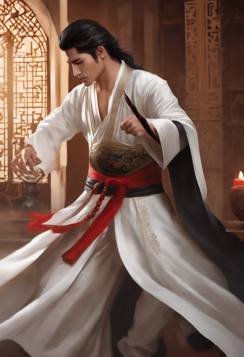 Primer plano de un hombre de pelo corto sosteniendo una espada,Hombres aleman,Hanfu blanco,bordado negro,Chicos guapos en el arte,Cabello negro,disheveled hair long robes,Hermosa pintura de personajes,figura de anime,Arte detallado del personaje,Personajes masculinos de anime,Cabello de color moreno,cabello rojo que fluye,escena grande
