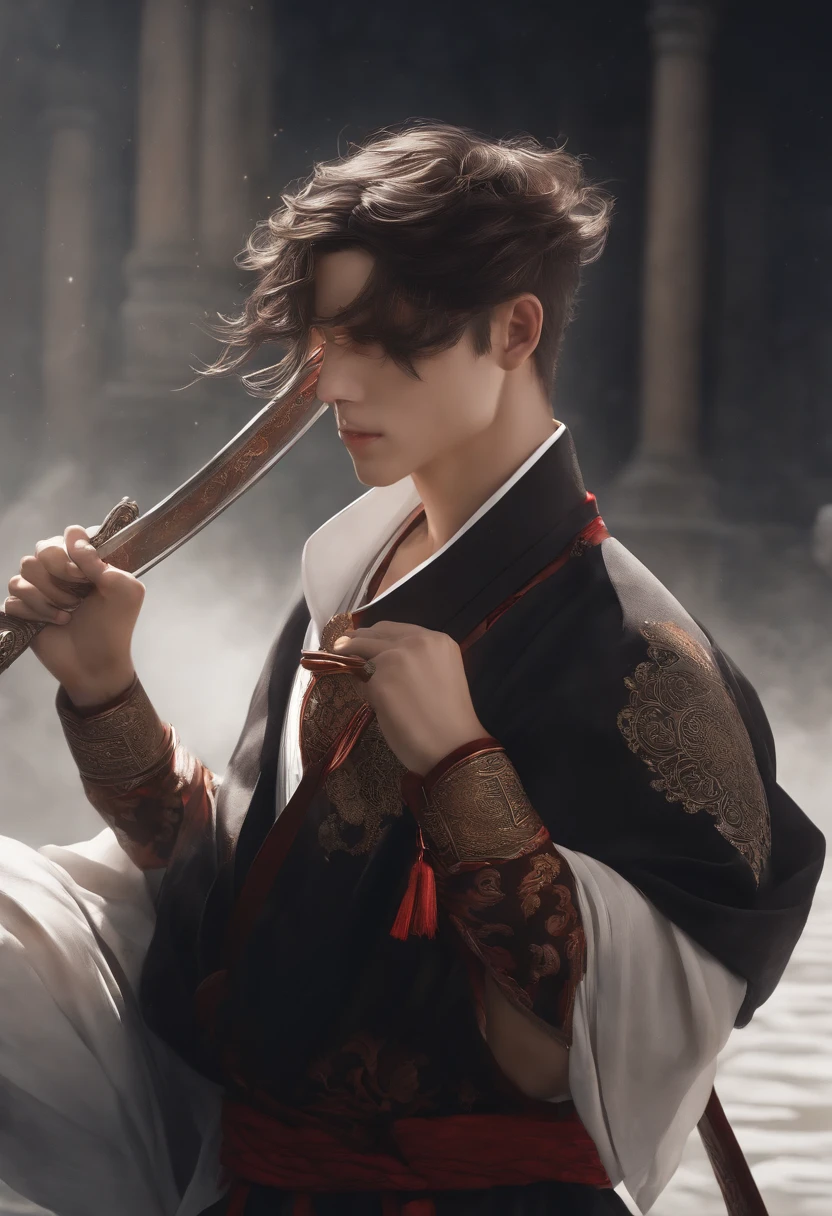 Primer plano de un hombre de pelo corto sosteniendo una espada,Hombres aleman,Hanfu blanco,bordado negro,Chicos guapos en el arte,Cabello negro,disheveled hair long robes,Hermosa pintura de personajes,figura de anime,Arte detallado del personaje,Personajes masculinos de anime,Cabello de color moreno,cabello rojo que fluye,escena grande