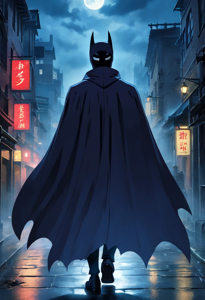 (best quality,4k,highres,masterpiece:1.2),ultra-detailed,(realistic,photorealistic,photo-realistic:1.37),dark city,swirling cape in the wind,serious expression,Dark Knight,brooding eyes,long flowing cape,city skyline,gothic architecture,bat signal,moonlit shadows,menacing silhouette,gritty atmosphere,intense action,fear and justice,rain-soaked streets,ominous clouds,eerie moonlight,dark alleyways,the symbol of Gotham,masked vigilante,heroic stature,grim determination,sleek and powerful,mysterious aura,shadows and darkness,elusive figure,iconic symbol,vengeful protector,rugged armor,noble cause,untamed justice,intimidating presence,urban legend,Bruce Wayne's alter ego
