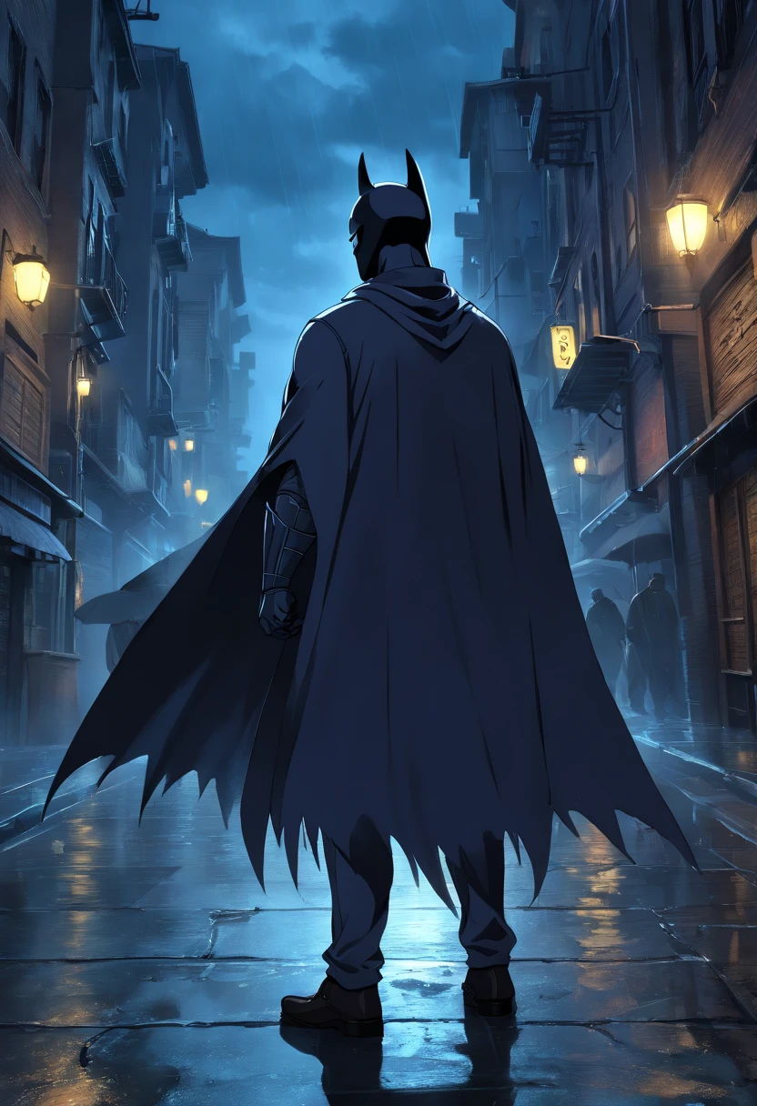 (best quality,4k,highres,masterpiece:1.2),ultra-detailed,(realistic,photorealistic,photo-realistic:1.37),dark city,swirling cape in the wind,serious expression,Dark Knight,brooding eyes,long flowing cape,city skyline,gothic architecture,bat signal,moonlit shadows,menacing silhouette,gritty atmosphere,intense action,fear and justice,rain-soaked streets,ominous clouds,eerie moonlight,dark alleyways,the symbol of Gotham,masked vigilante,heroic stature,grim determination,sleek and powerful,mysterious aura,shadows and darkness,elusive figure,iconic symbol,vengeful protector,rugged armor,noble cause,untamed justice,intimidating presence,urban legend,Bruce Wayne's alter ego