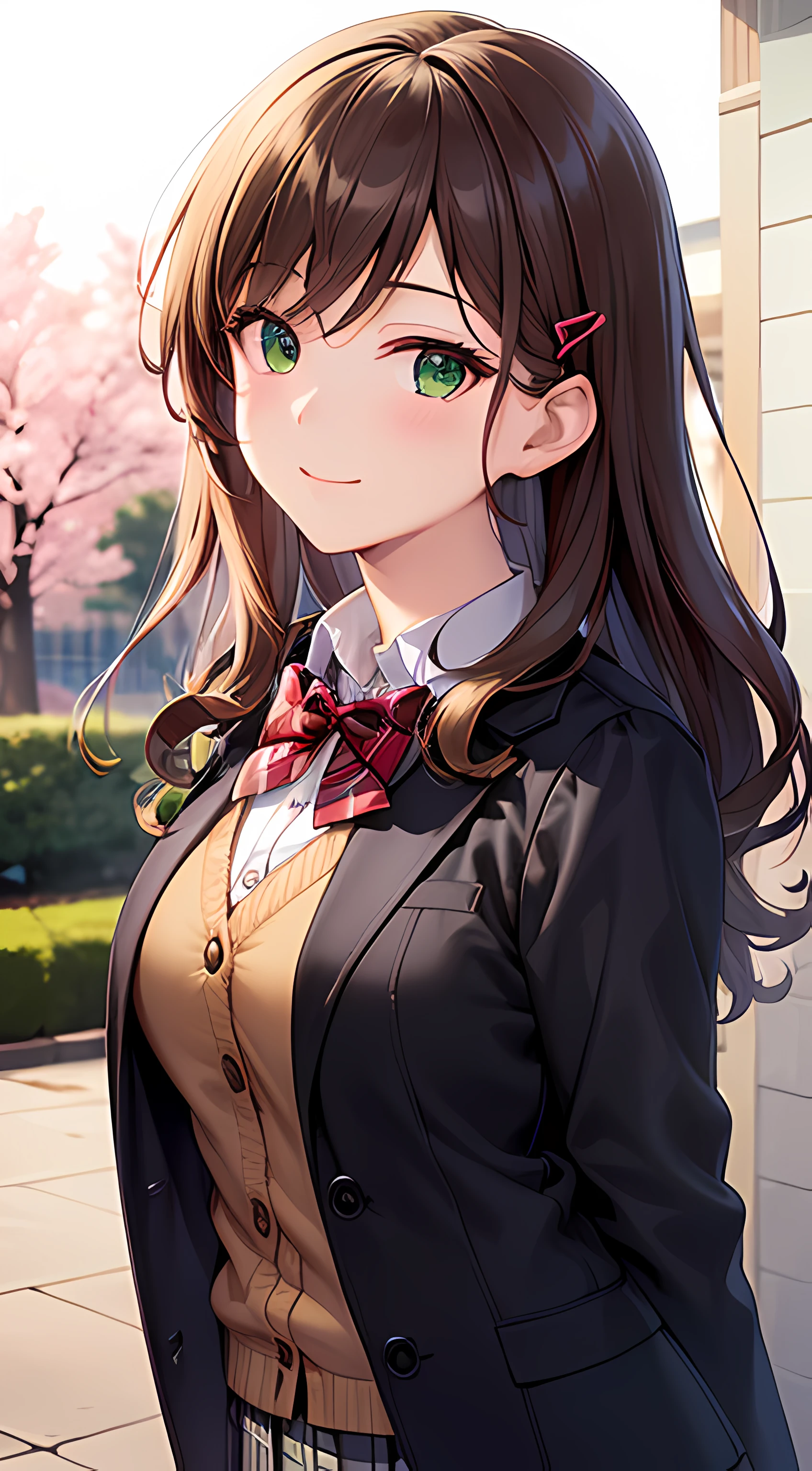 ((masterpiece, best quality, highres, UHD, perfect pixel, depth of field, 4k, RTX, HDR))), 1girl, single, solo, beautiful anime girl, beautiful artstyle, anime character, ((long hair, bangs, dark brown hair, curly hair:0.4, simple hair pin)), ((green eyes:1.4, rounded eyes, beautiful eyelashes, realistic eyes)), ((detailed face, blushing:1.2)), ((smooth texture:0.75, realistic texture:0.65, photorealistic:1.1, anime CG style)), medium breasts, ((dynamic angle, portrait)), perfect body, ((red bowtie, school uniform, black jacket, open jacket, brown cardigan, white shirt, black skirt, plaid skirt)), smile, amusement park, cherry blossoms