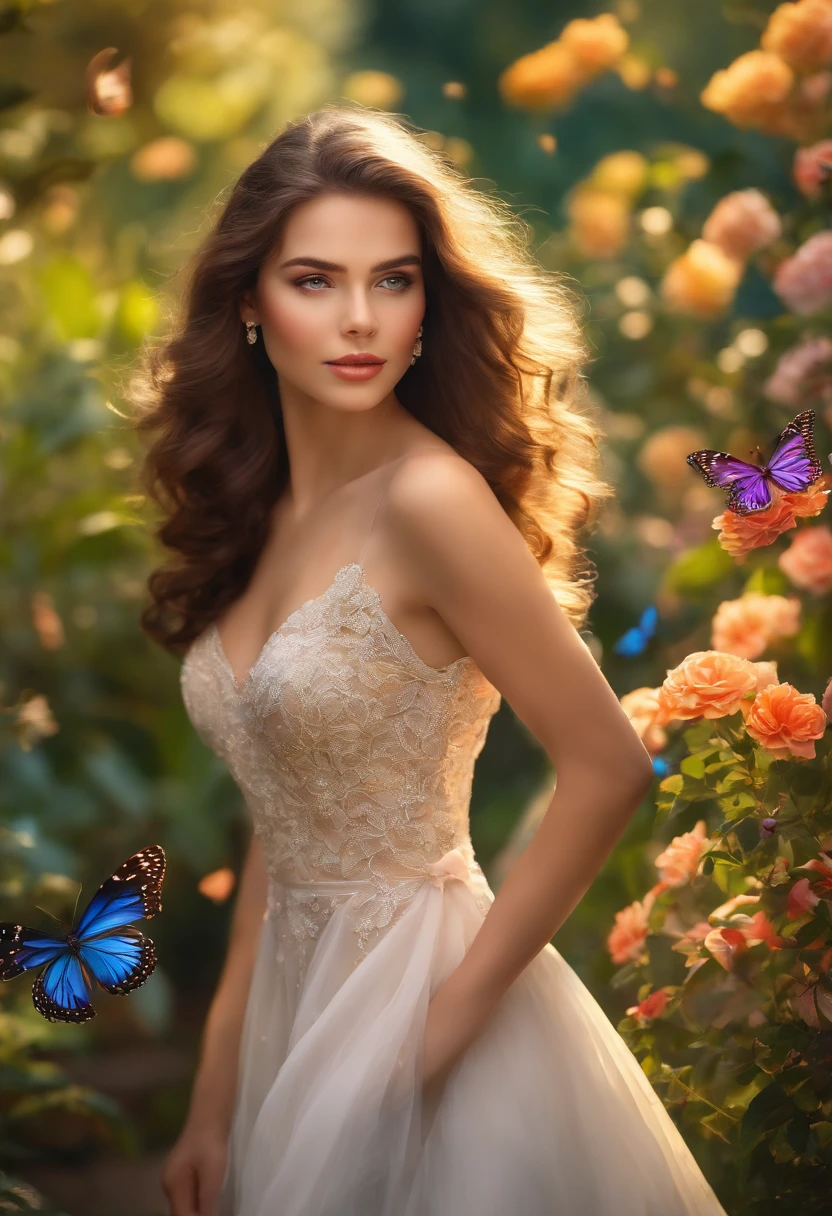 (Brunette female,Gorgeous,Dress up,Elegant 17-year-old woman),Detailed eyes and lips,Smooth skin,A flowing dress,Stand in the garden,Beautiful flowers bloom,Flying colorful butterflies,Soft natural lighting,Vibrant colors,Artistic oil painting style,High resolution