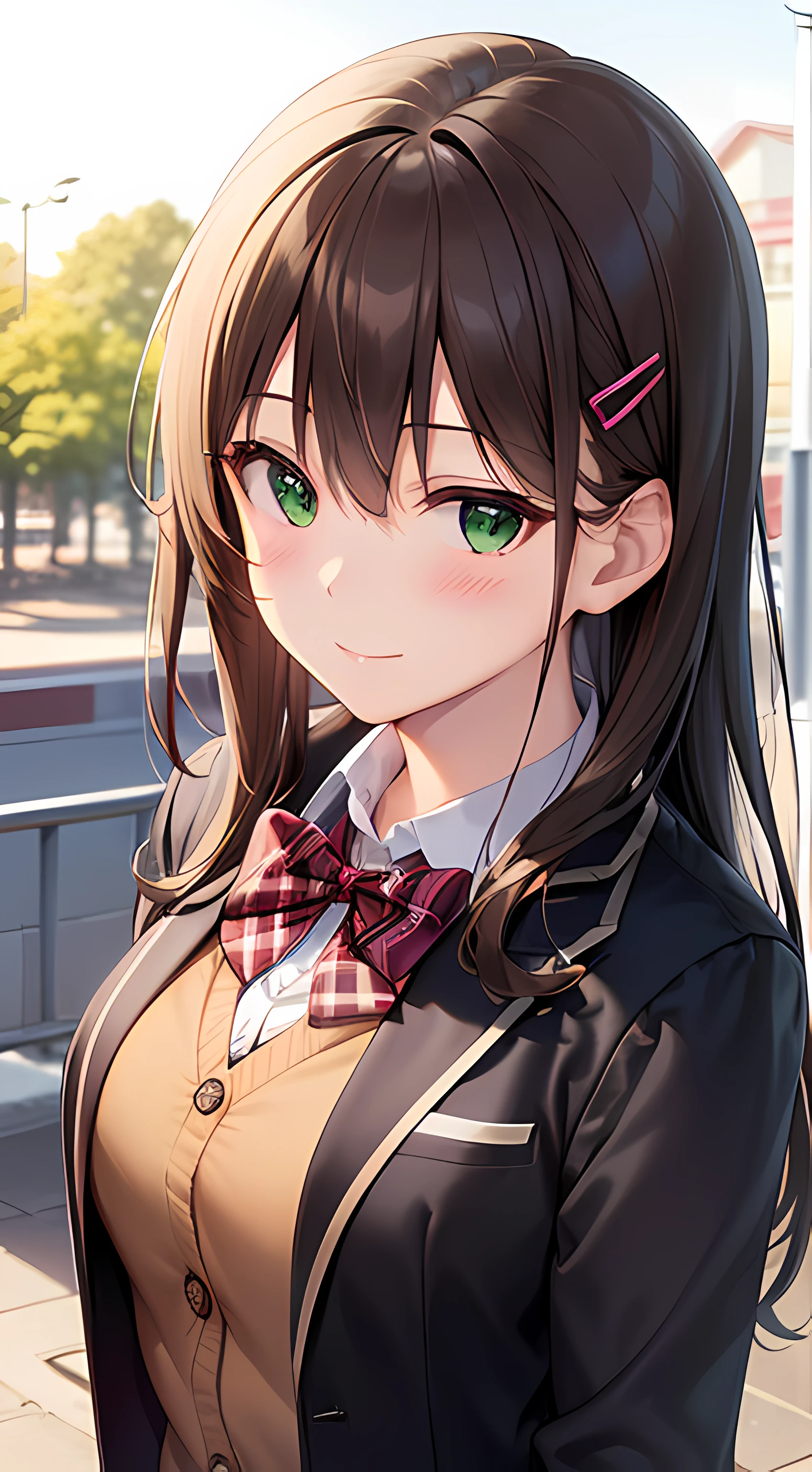 ((masterpiece, best quality, highres, UHD, perfect pixel, depth of field, 4k, RTX, HDR))), 1girl, single, solo, beautiful anime girl, beautiful artstyle, anime character, ((long hair, bangs, dark brown hair, curly hair:0.4, simple hair pin)), ((green eyes:1.4, rounded eyes, beautiful eyelashes, realistic eyes)), ((detailed face, blushing:1.2)), ((smooth texture:0.75, realistic texture:0.65, photorealistic:1.1, anime CG style)), medium breasts, ((dynamic angle, portrait)), perfect body, ((red bowtie, school uniform, black jacket, open jacket, brown cardigan, white shirt, black skirt, plaid skirt)), smile, amusement park, cherry blossoms