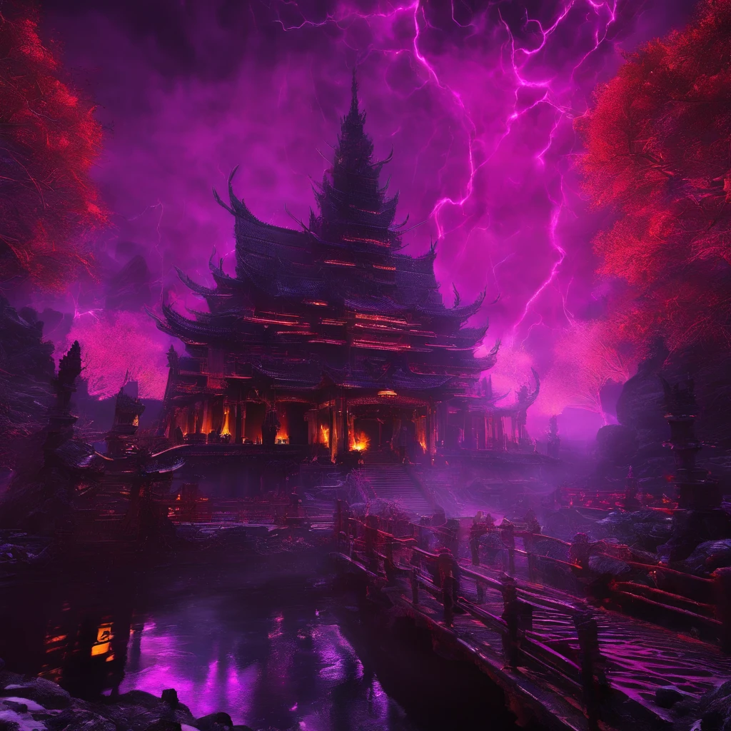 In heavy rain,((A huge castle complex of ancient square-topped stones burning in the fire))The picture quality is excellent,Lightning,Yellow light fog,电影灯光,Natural, realistic colors,Full composition,The style refers to Van Gogh,Subject content,Burning wooden ancient domed stone giant castle game scene 1:60 miniatures,Lightning and lightning,Agate glass texture 32K(tmasterpiece,k hd,hyper HD,32K)Long flowing bright purple hair,Autumn Pond,zydink, a color, Asian people (Kizi), (Red scarf), Combat posture, looking at the ground, long whitr hair, Floating bright purple, Fire cloud pattern gold tiara, Chinese long-sleeved gold silk garment, (abstract ink splash:1.2), white backgrounid,Lotus protector(realisticlying:1.4),Bright purple hair,Smoke on the road,The background is pure, A high resolution, the detail, RAW photogr, Sharp Re, Nikon D850 Film Stock Photo by Jefferies Lee 4 Kodak Portra 400 Camera F1.6 shots, Rich colors, ultra-realistic vivid textures, Dramatic lighting, Unreal Engine Art Station Trend, cinestir 800,Long flowing bright purple hair