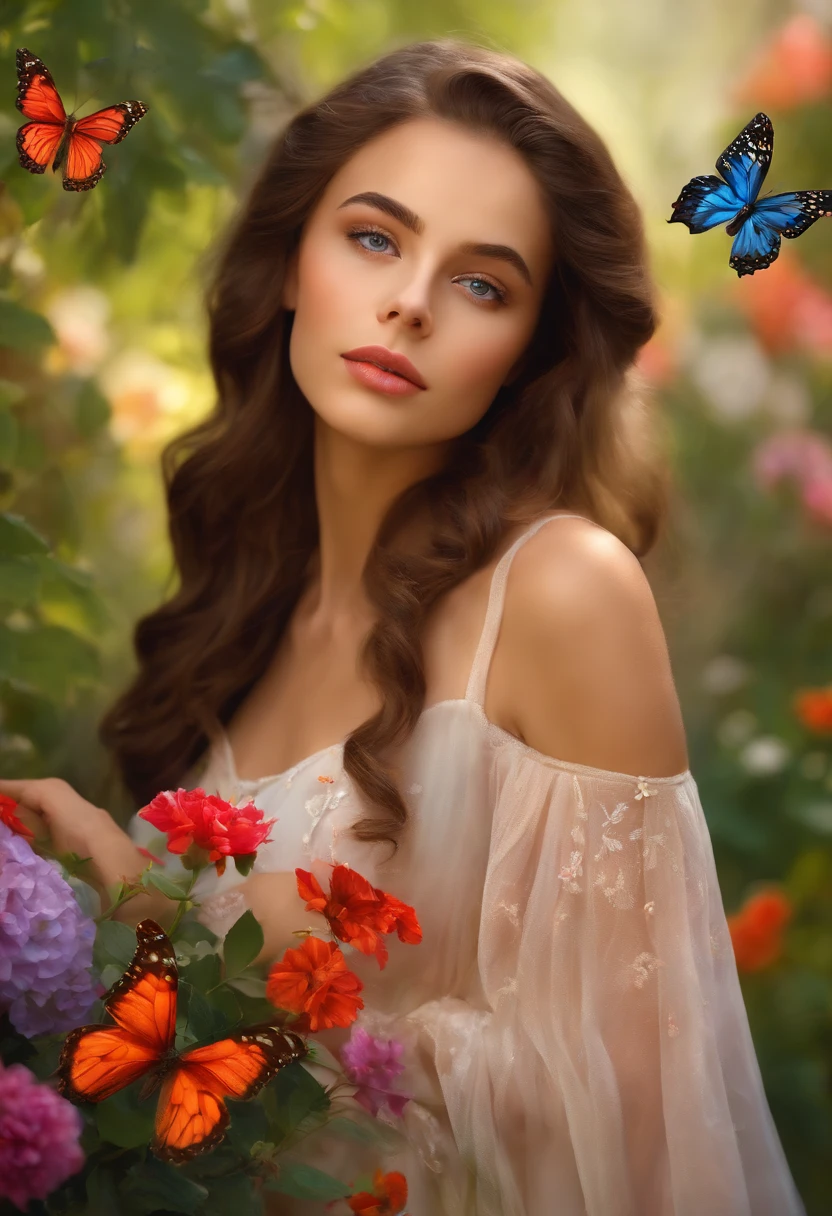 (Brunette female,Gorgeous,Dress up,Elegant woman),Detailed big eyes and lips,Smooth skin,A flowing dress,Stand in the garden,Beautiful flowers bloom,Colorful butterflies in flight,Soft natural lighting,Vibrant colors,Artistic oil painting style,High resolution
