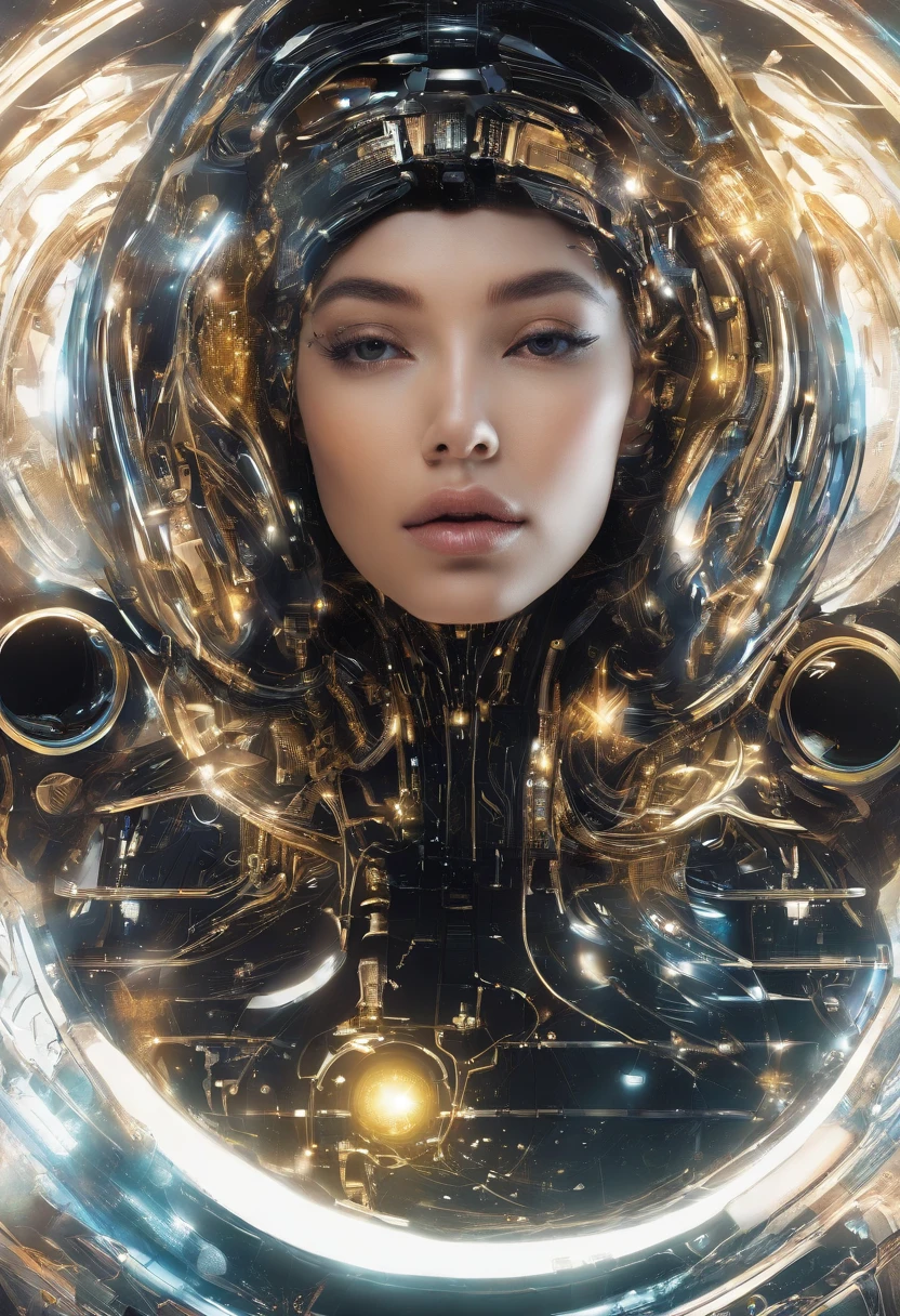 close-up of a young woman wearing a black dress and gold liquid, liquid gold with porpurine, shiny, pretty face, detailed eyes, soft lips, floating in outer space and planets in the background, fluid, wet, dripping, waxy, smooth, realistic , octane rendering