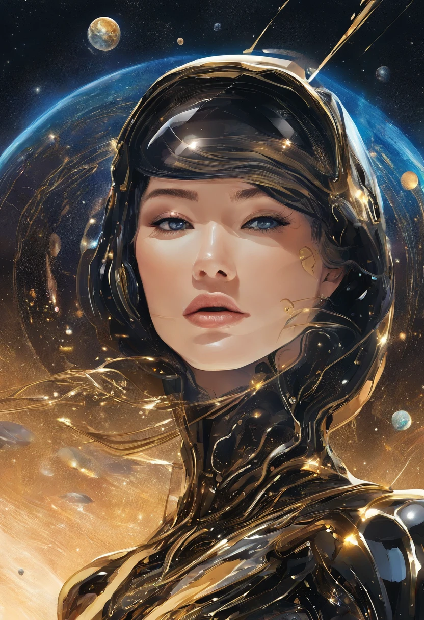 close-up of a young woman wearing a black dress and gold liquid, liquid gold with porpurine, shiny, pretty face, detailed eyes, soft lips, floating in outer space and planets in the background, fluid, wet, dripping, waxy, smooth, realistic , octane rendering