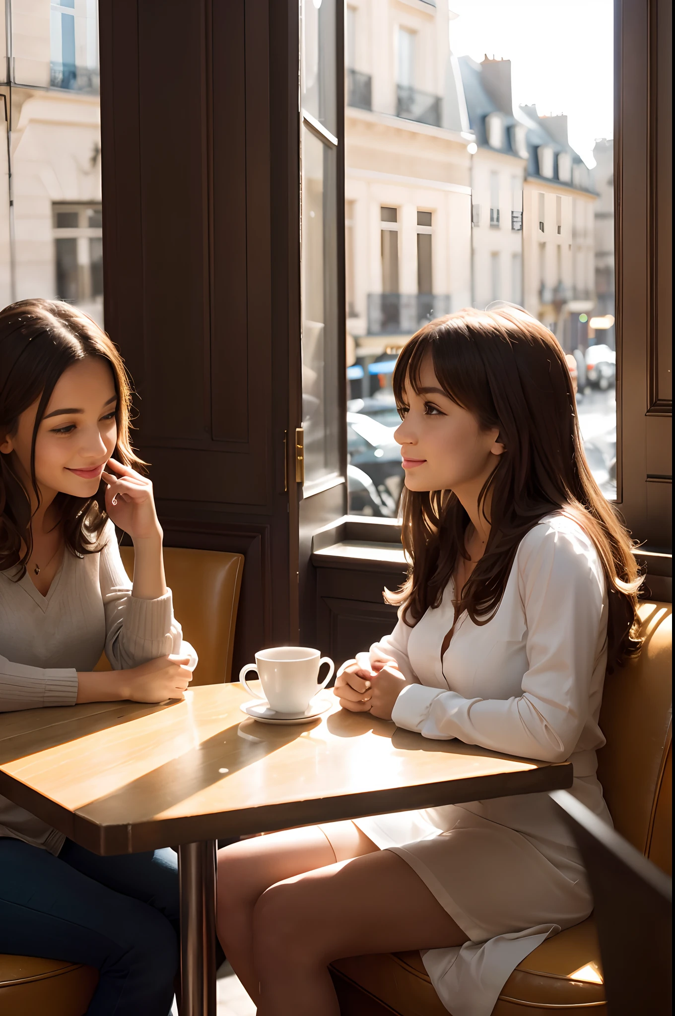 Two friends sitting in a cozy Parisian café, La suave luz de la tarde entra por las ventanas, destacando sus sonrisas mientras comparten historias de viajes, Foto, Lente prime de 50 mm, f/2.8, --ar 16:9 --V 5