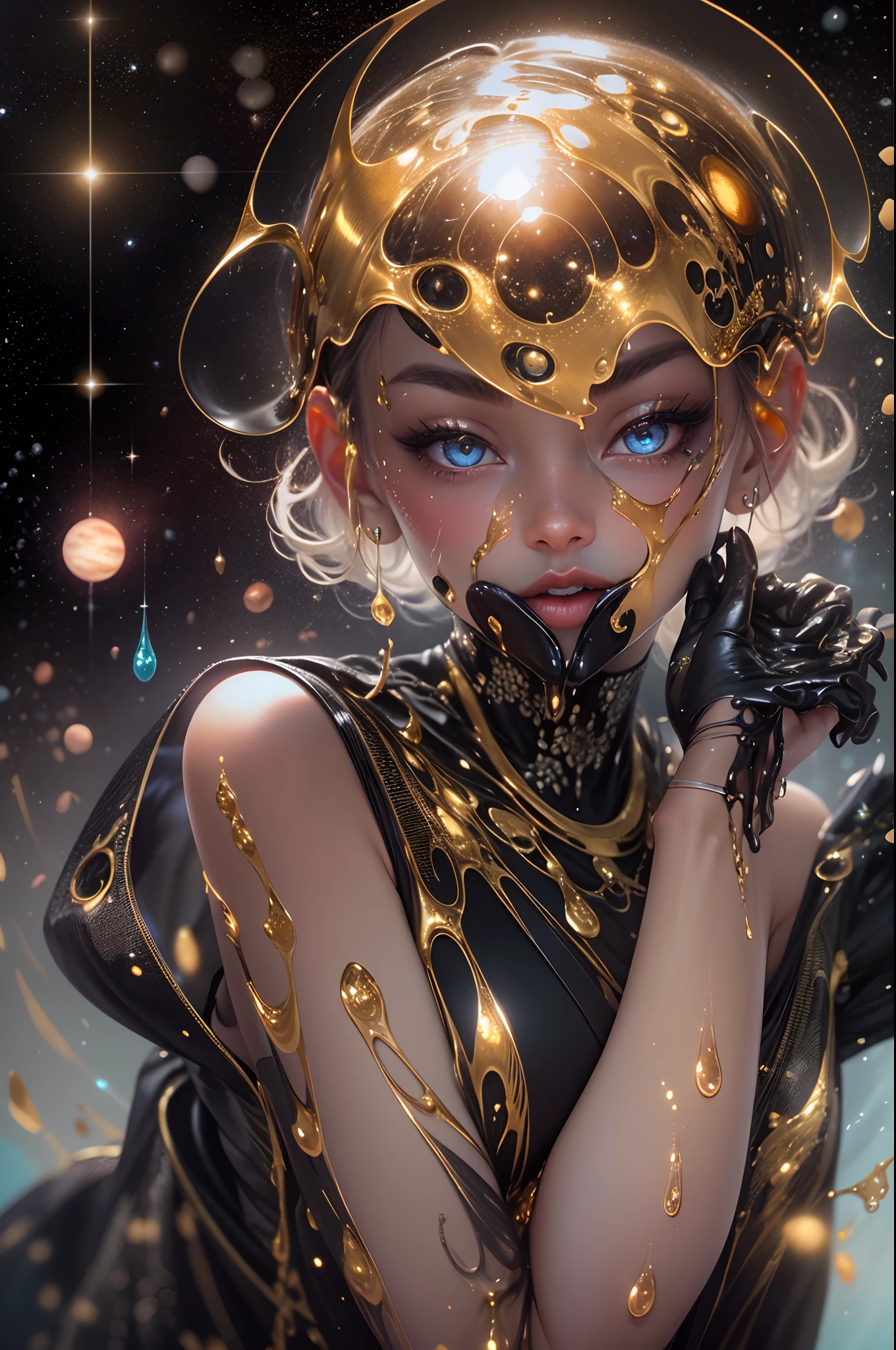 close-up of a young woman wearing a black dress and gold liquid, liquid gold with porpurine, shiny, pretty face, detailed eyes, soft lips, floating in outer space and planets in the background, fluid, wet, dripping, waxy, smooth, realistic , octane rendering