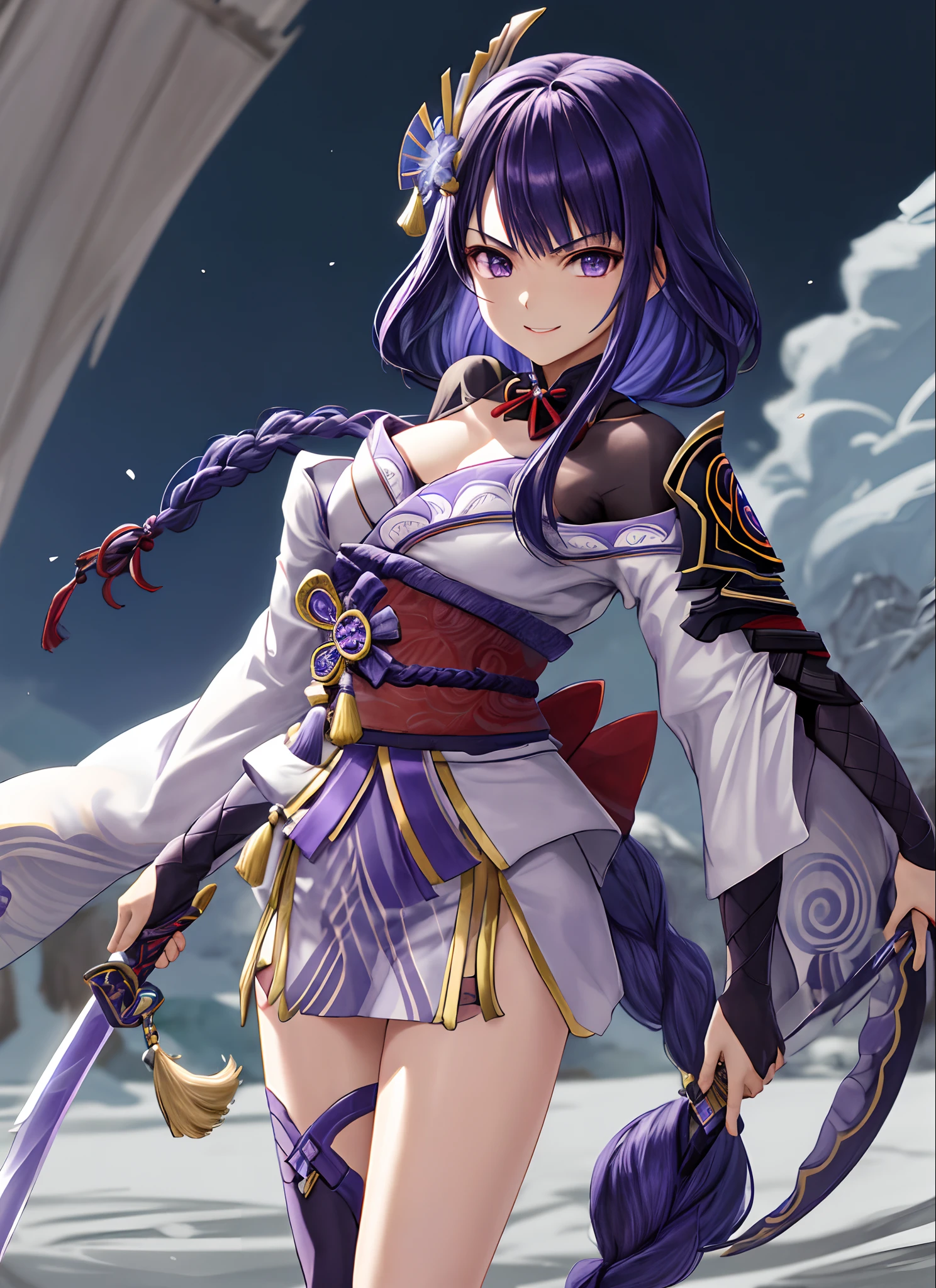 Raidenshogundef, parte superior do corpo, sorrir, corar, ao ar livre, dia, fundo simples, blue skies, cabelo longo, heaven, templo, olhando para o espectador, escadas, montanha, grumpy lighting, de frente para o espectador, Sorriso lindo, Kinematic, pose dinamica de batalha com katana, Katana in right hand, correct anatomine with katana in right hand, (Katana longa grande)